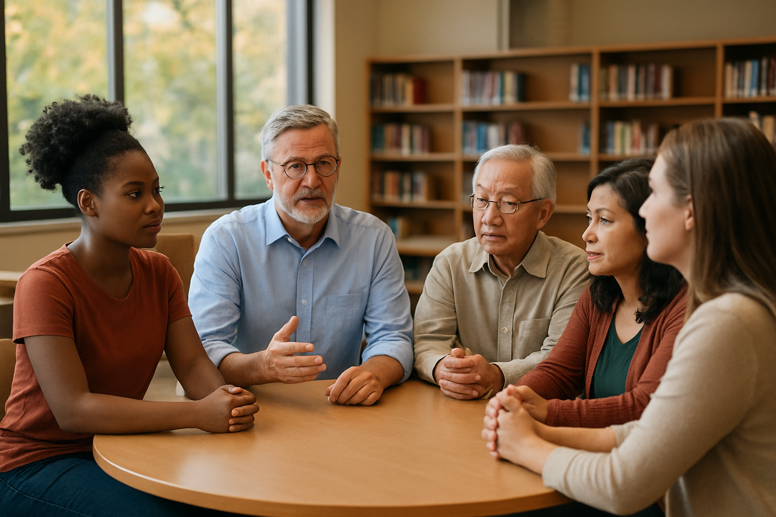 Create a realistic image of a diverse group of people sitting in a modern community center or library meeting room, with a middle-aged white male facilitator leading a thoughtful discussion, participants of various races and genders including a young black female, an elderly Asian male, and a middle-aged Hispanic woman, all engaged in meaningful conversation around a circular table, with warm natural lighting streaming through large windows, bookshelves visible in the background, and an atmosphere of contemplation and personal growth, absolutely NO text should be in the scene.