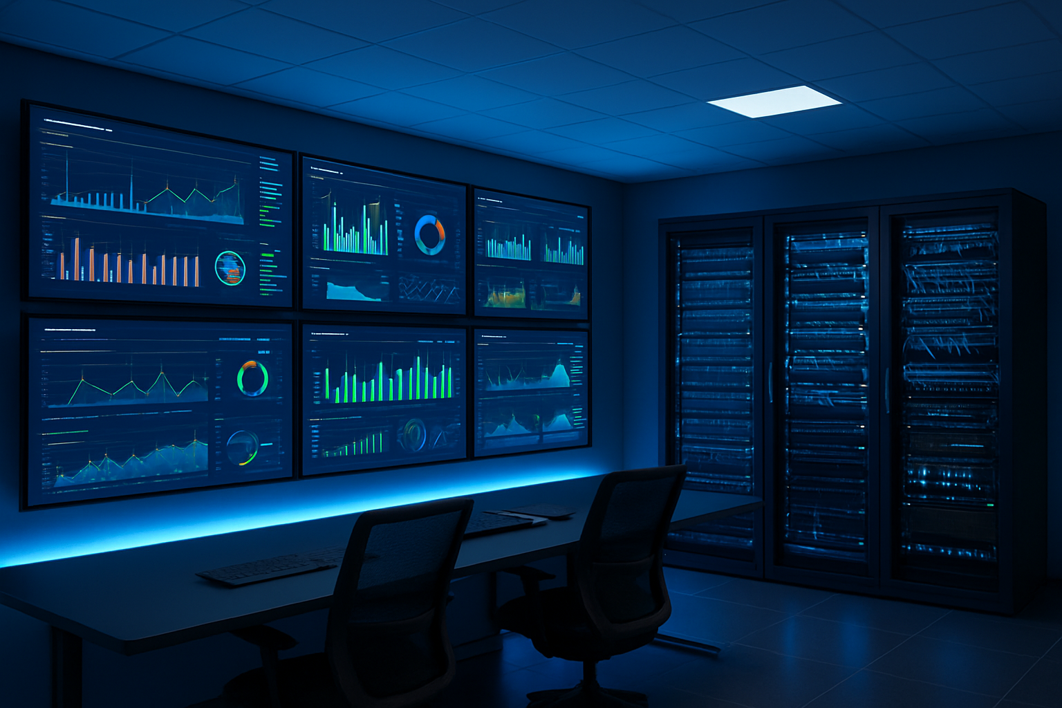Create a realistic image of a modern industrial control room with multiple large wall-mounted monitors displaying colorful data visualization charts, graphs, and real-time analytics dashboards showing factory equipment performance metrics, with server racks visible in the background, fiber optic cables connecting various networking equipment, and a clean, high-tech atmosphere with blue LED accent lighting, absolutely NO text should be in the scene.
