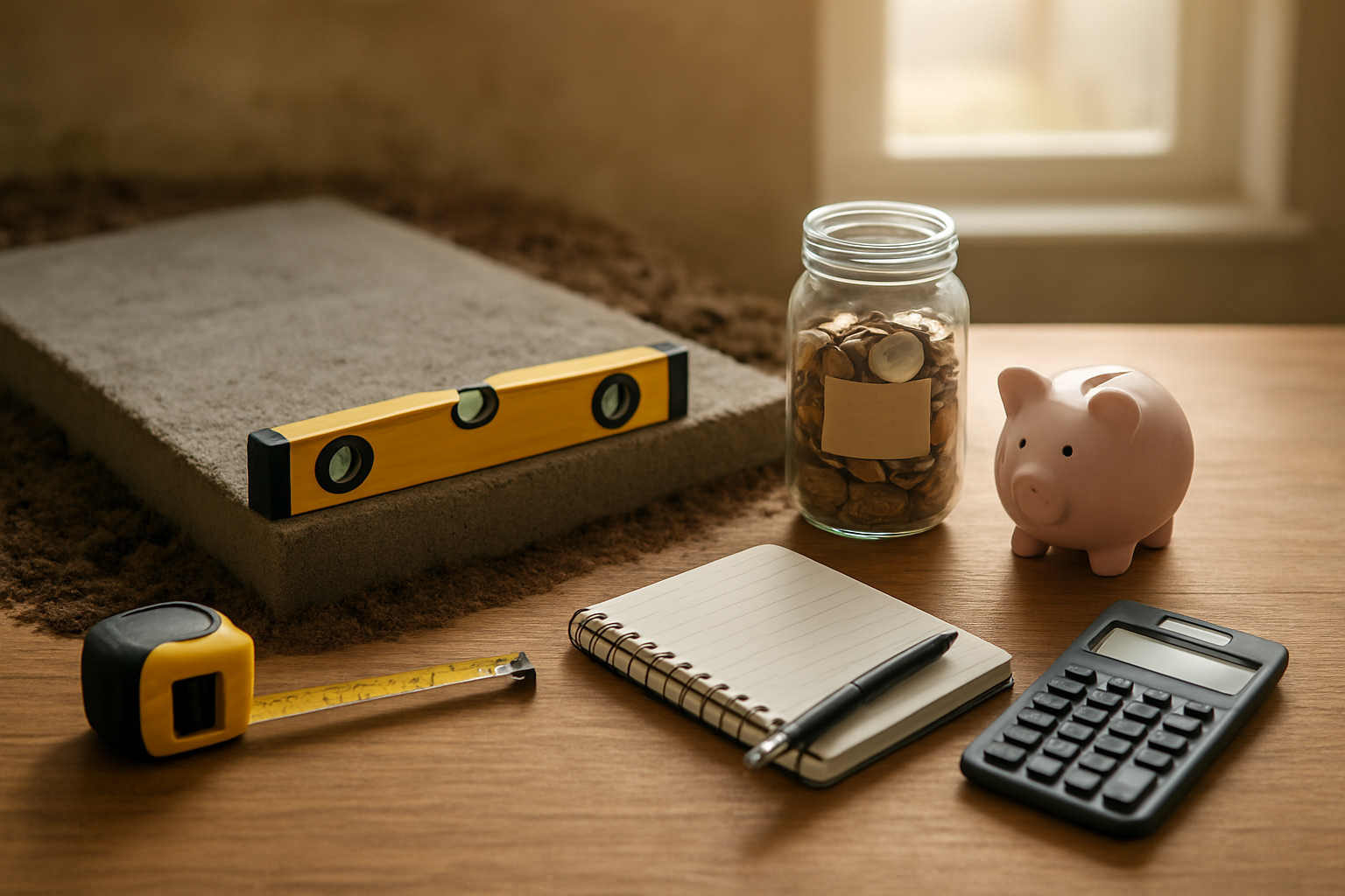 Create a realistic image of a solid concrete foundation being laid with construction tools like a level and measuring tape nearby, transitioning into financial elements like a calculator, budget notebook, emergency fund jar filled with coins, and a small piggy bank arranged on a wooden desk, with soft natural lighting from a window creating a warm and secure atmosphere, symbolizing the importance of building a strong financial base before investing, absolutely NO text should be in the scene.