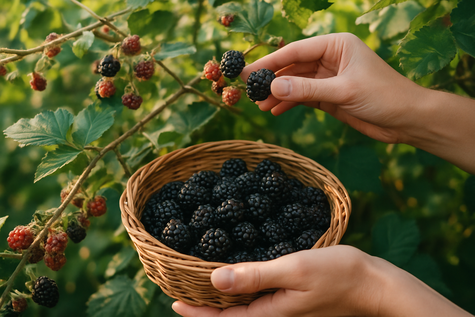 Create a realistic image of fresh ripe blackberries being carefully hand-picked from thorny blackberry bushes, showing a wicker basket filled with plump dark purple-black berries, some berries still attached to green stems on the bush, hands of a white female gently selecting the ripest berries, natural outdoor garden setting with soft morning sunlight filtering through leaves, displaying various stages of berry ripeness from red to deep black, close-up view emphasizing the texture and quality of the fruit selection process, absolutely NO text should be in the scene.