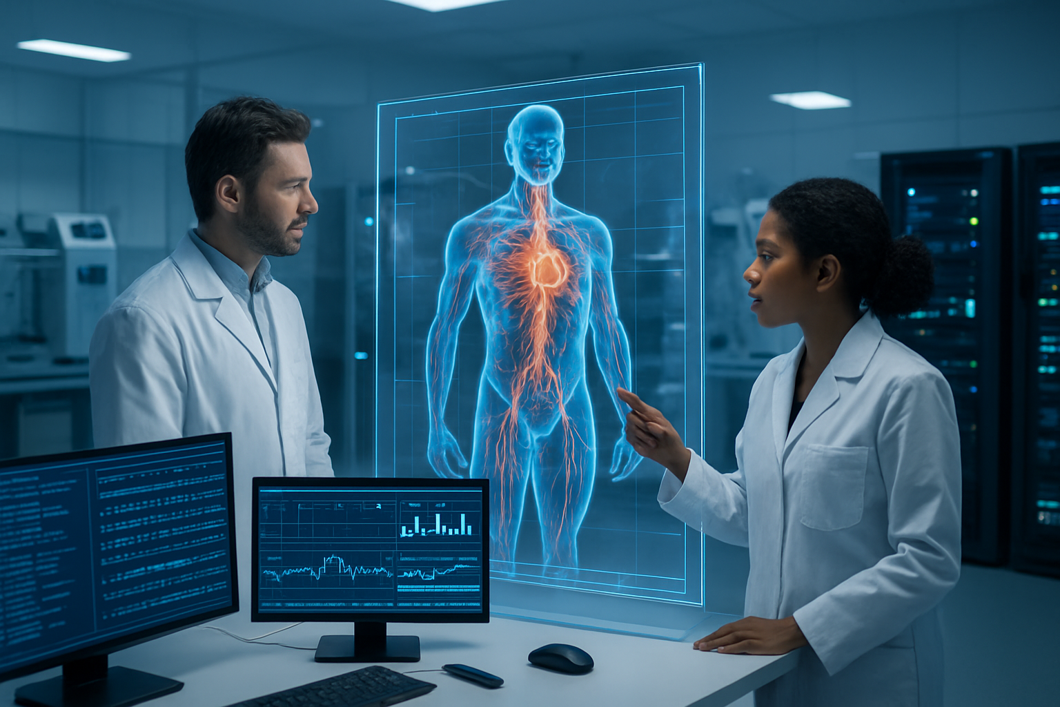 Create a realistic image of a modern medical research laboratory with a large transparent holographic display showing a detailed 3D human body model with glowing organs and flowing blood vessels, surrounded by multiple computer monitors displaying DNA sequences and vital signs data, with a white male doctor in a lab coat and a black female scientist analyzing the digital twin visualization, advanced medical equipment and servers visible in the background, professional clinical lighting with blue and white tones creating a high-tech atmosphere, absolutely NO text should be in the scene.