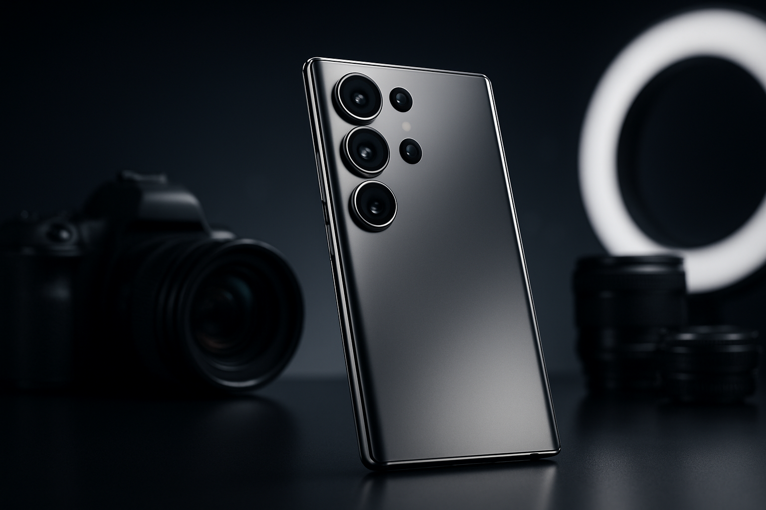 Create a realistic image of a sleek Samsung Galaxy S26 smartphone positioned at a dynamic angle showcasing its advanced camera system with multiple lenses prominently displayed, surrounded by professional photography equipment including a DSLR camera, camera lenses, and a ring light, set against a modern dark gradient background with subtle reflections, enhanced by dramatic studio lighting that highlights the phone's premium metallic finish and camera module details, with soft bokeh effects in the background suggesting high-quality photography capabilities, absolutely NO text should be in the scene.
