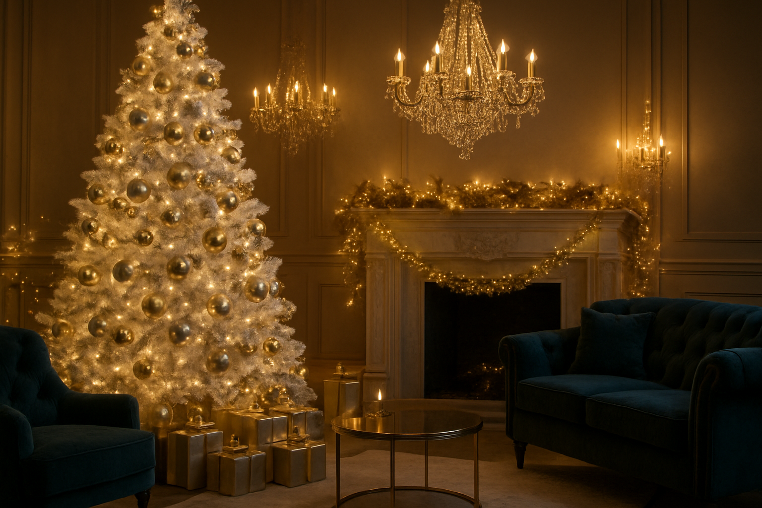 Create a realistic image of an elegant living room decorated for Christmas with luxurious metallic ornaments including gold and silver baubles hanging from a pristine white Christmas tree, shimmering metallic garlands draped across a marble fireplace mantel, crystal chandeliers casting warm golden light, metallic gold and silver wrapped presents beneath the tree, plush velvet furniture in deep jewel tones, and sparkling fairy lights creating a glamorous ambiance with soft warm lighting that highlights all the metallic surfaces and creates a sophisticated holiday atmosphere. Absolutely NO text should be in the scene.
