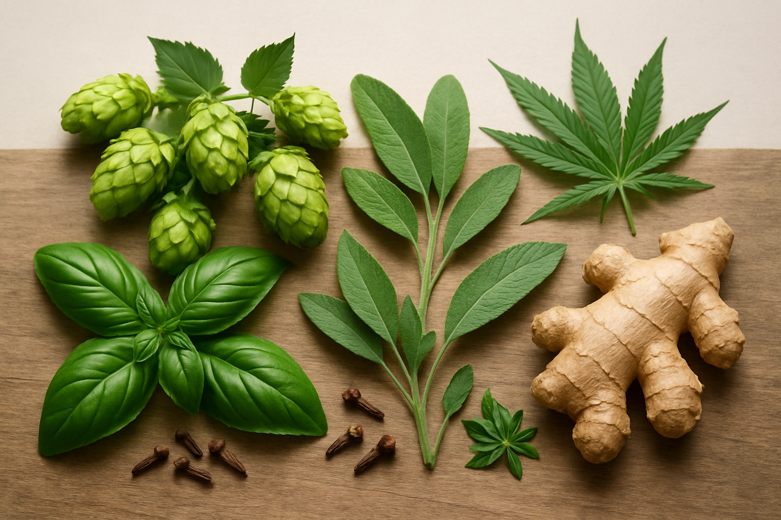 Create a realistic image of a diverse collection of everyday plants naturally containing humulene arranged in an organized display, featuring fresh green hops with their characteristic cone-shaped flowers, aromatic herbs like basil and sage with their distinctive leaves, cannabis plants with serrated fan leaves, cloves scattered nearby, and fresh ginger root, all arranged on a rustic wooden surface with soft natural lighting from above creating gentle shadows, captured in a botanical study style with a clean neutral background, absolutely NO text should be in the scene.