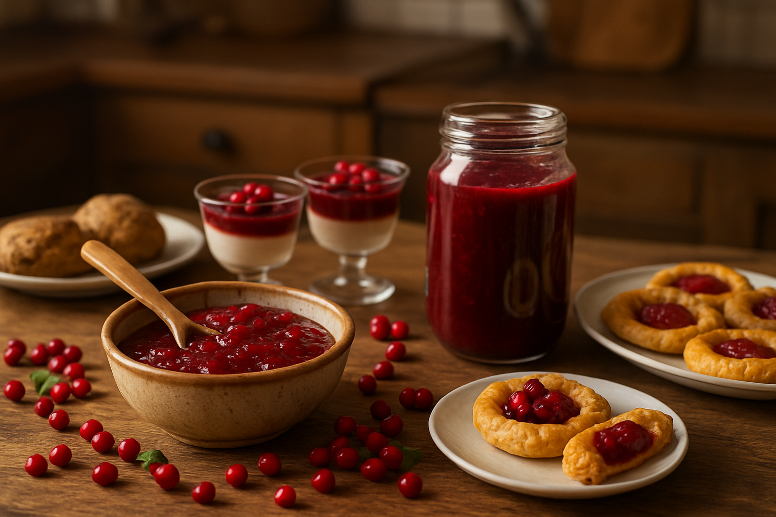 Create a realistic image of a rustic wooden kitchen counter displaying both traditional and modern lingonberry culinary preparations, featuring a traditional ceramic bowl of lingonberry jam with a wooden spoon, fresh lingonberries scattered around, a modern glass jar of lingonberry sauce, elegant small glass cups filled with lingonberry dessert, a few lingonberry-topped pastries on a white plate, and some traditional Nordic-style baked goods alongside contemporary plated dishes, all arranged in warm natural lighting with a cozy kitchen background, absolutely NO text should be in the scene.