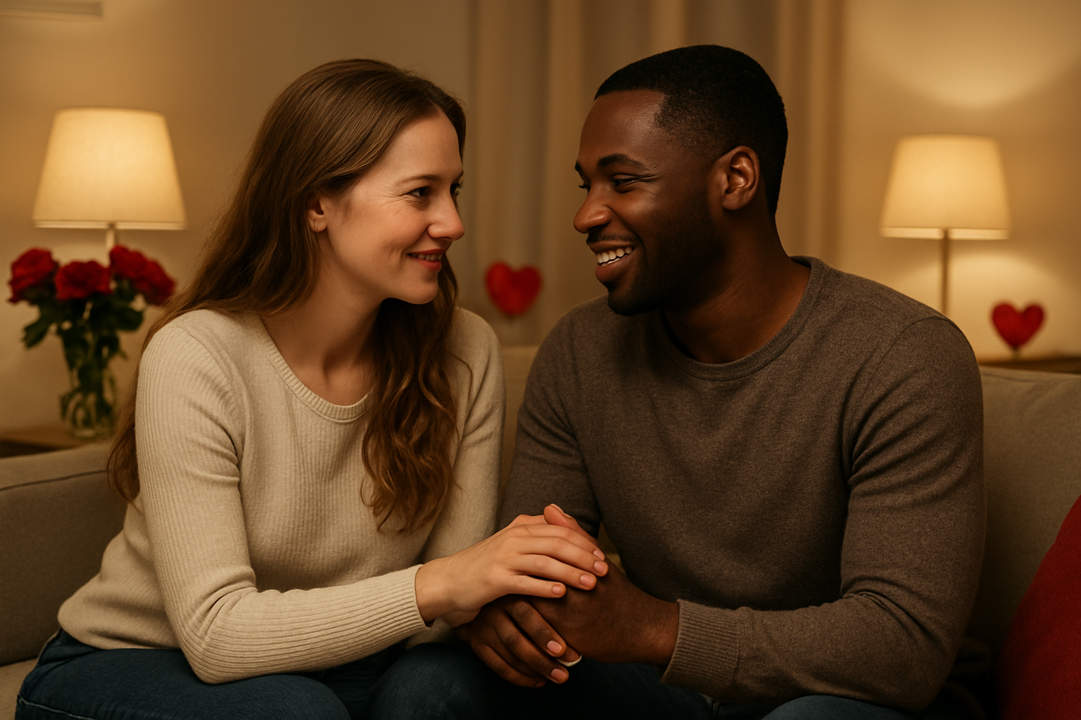 Create a realistic image of a diverse couple consisting of a white female and black male sitting close together on a comfortable couch, engaged in intimate conversation with warm smiles and gentle eye contact, their hands touching in a caring gesture, surrounded by a cozy living room with soft warm lighting from table lamps, valentine-themed decorations like red roses and heart-shaped items subtly placed in the background, creating an atmosphere of love, connection, and emotional intimacy that represents relationship building and romantic bonding, absolutely NO text should be in the scene.