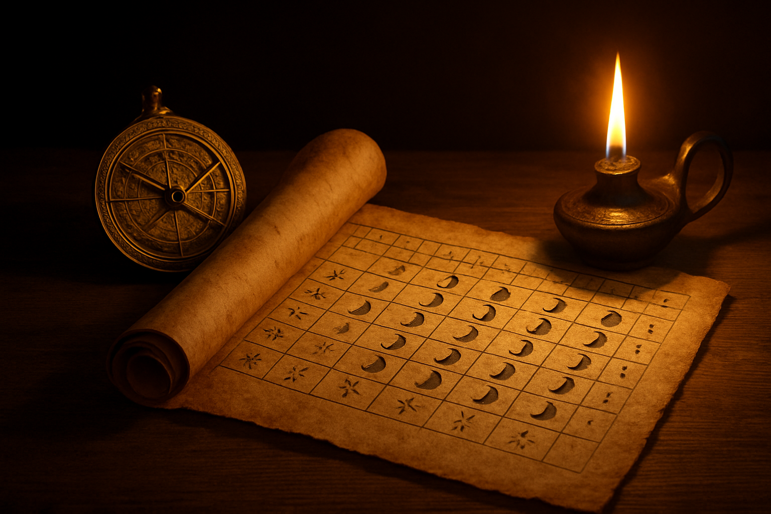 Create a realistic image of an ancient scroll partially unrolled displaying Hebrew calendar markings and lunar phases, placed on a wooden table alongside an ornate brass astrolabe and burning oil lamp, with soft golden candlelight illuminating the scene against a dark background, creating warm shadows that emphasize the sacred and scholarly atmosphere of biblical time-keeping traditions, absolutely NO text should be in the scene.