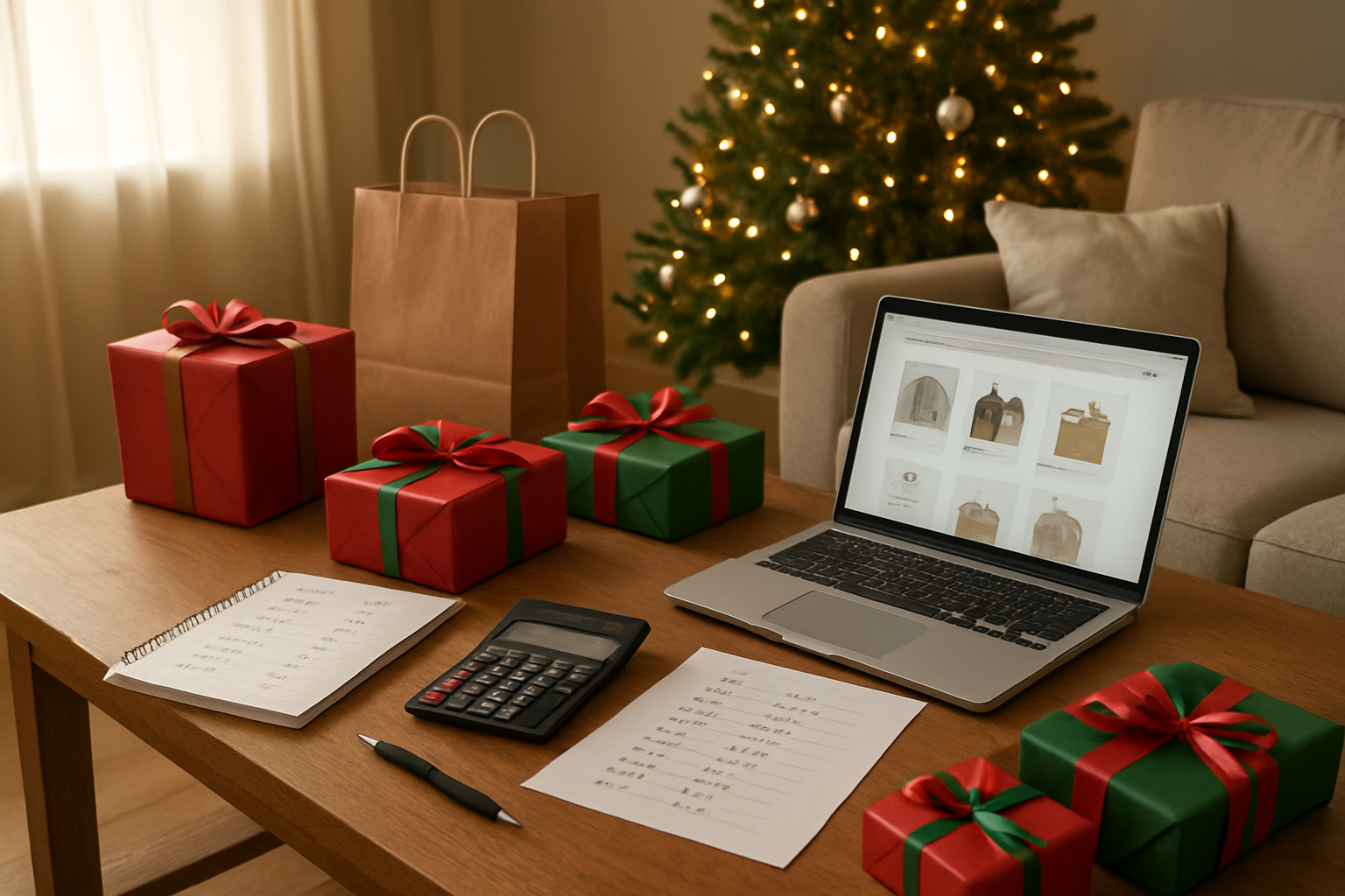 Create a realistic image of a cozy living room scene with a wooden coffee table displaying organized Christmas shopping materials including a handwritten budget sheet with numbers, a gift recipient list with names, a laptop computer showing online shopping pages, several wrapped Christmas presents in red and green paper with ribbons, a calculator, a pen, and shopping bags nearby, with a decorated Christmas tree with warm white lights softly glowing in the background corner, creating a warm and accomplished holiday planning atmosphere with soft natural lighting from a nearby window, absolutely NO text should be in the scene.