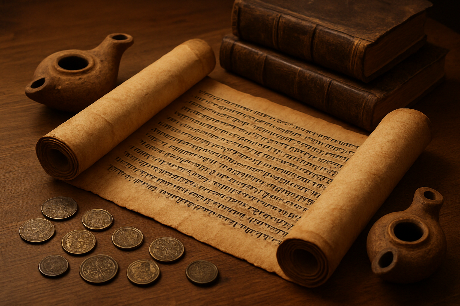 Create a realistic image of an ancient scroll or parchment with Hebrew text lying open on a wooden table, surrounded by historical artifacts including clay oil lamps, ancient coins, and worn leather-bound books, with soft warm golden lighting casting gentle shadows across the scene, conveying a sense of biblical antiquity and scholarly study, absolutely NO text should be in the scene.