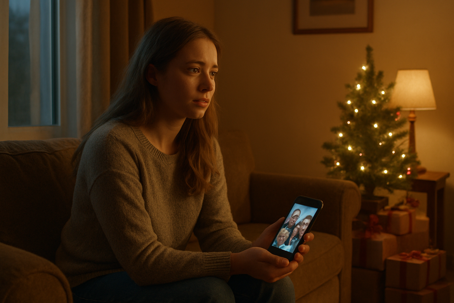Create a realistic image of a young white female sitting alone on a couch in a cozy living room, looking pensively out a window with a gentle melancholic expression, holding a smartphone displaying a video call with family members, surrounded by modest Christmas decorations including a small tree with lights and wrapped gifts, warm amber lighting from table lamps creating a bittersweet homey atmosphere that conveys both comfort and longing, absolutely NO text should be in the scene.