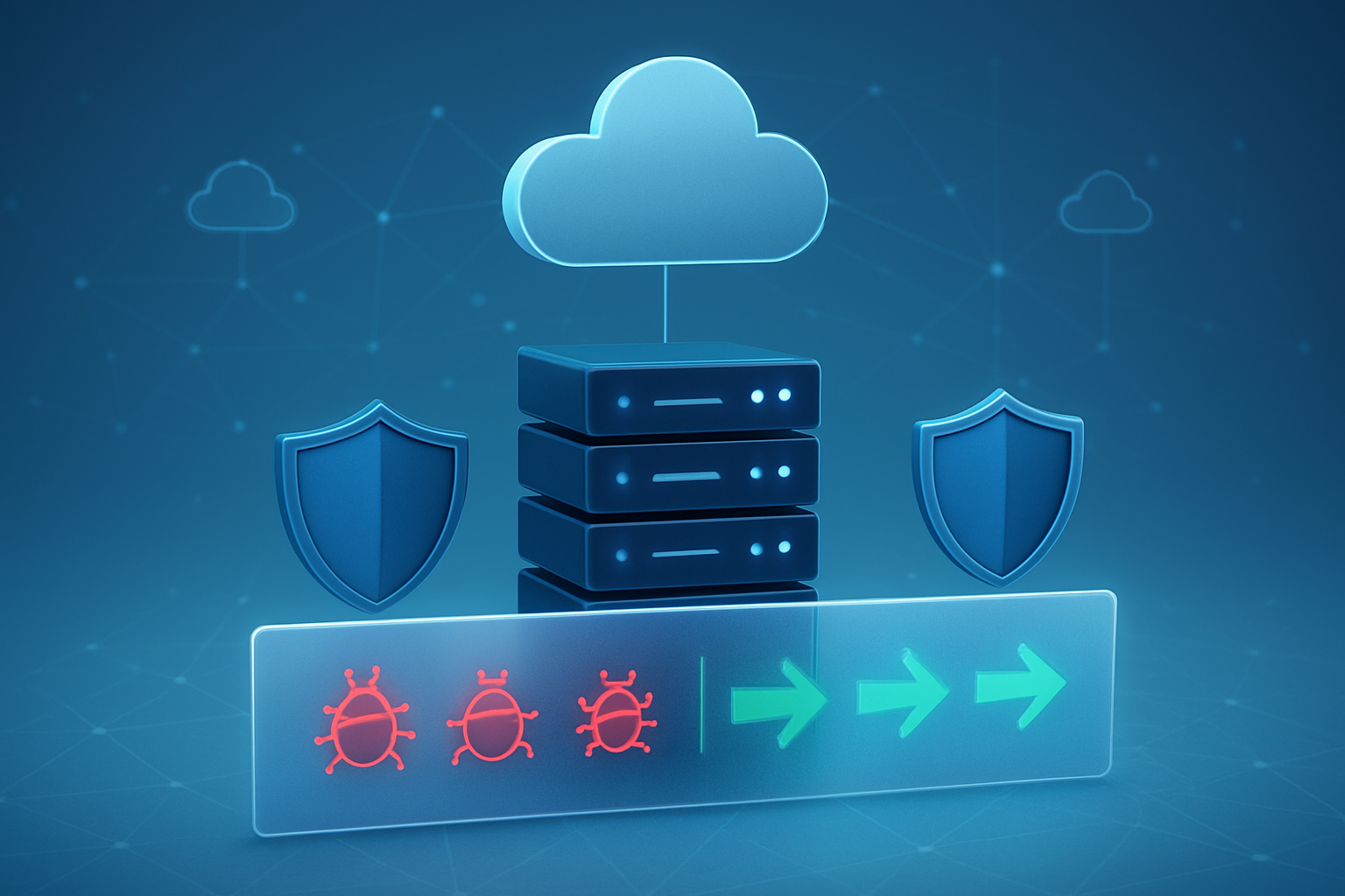 Create a realistic image of a modern cloud infrastructure visualization with floating server icons, shield symbols, and security barriers filtering out red malicious bot symbols while allowing green legitimate traffic symbols to pass through, set against a clean blue-gradient digital background with interconnected network nodes and cloud service icons, professional tech atmosphere with soft ambient lighting, absolutely NO text should be in the scene.