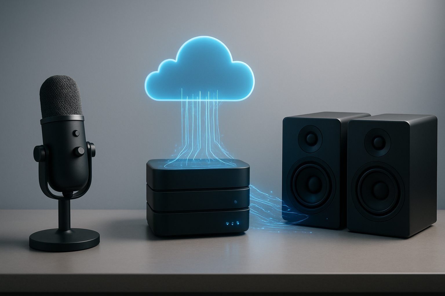 Create a realistic image of a modern tech workspace showing the complete AWS voice AI workflow with three connected elements: a sleek microphone on the left representing speech input, a central cloud computing server with glowing blue AWS-style connections, and premium speakers on the right representing voice output, all connected by flowing blue digital data streams, set against a clean minimalist background with soft professional lighting that emphasizes the seamless integration of the voice AI pipeline, absolutely NO text should be in the scene.