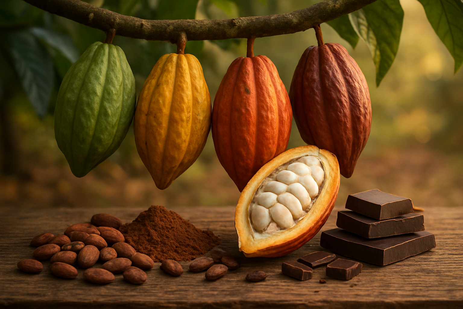 Create a realistic image of fresh cacao pods in various stages of ripeness hanging from a cacao tree branch, with one pod cut open revealing white pulp-covered cacao beans inside, surrounded by dried cacao beans, cocoa powder, and dark chocolate pieces arranged on a rustic wooden surface, set against a soft natural background with warm golden lighting that highlights the transformation from fruit to chocolate, creating an educational and appetizing mood that summarizes the complete cacao journey. Absolutely NO text should be in the scene.