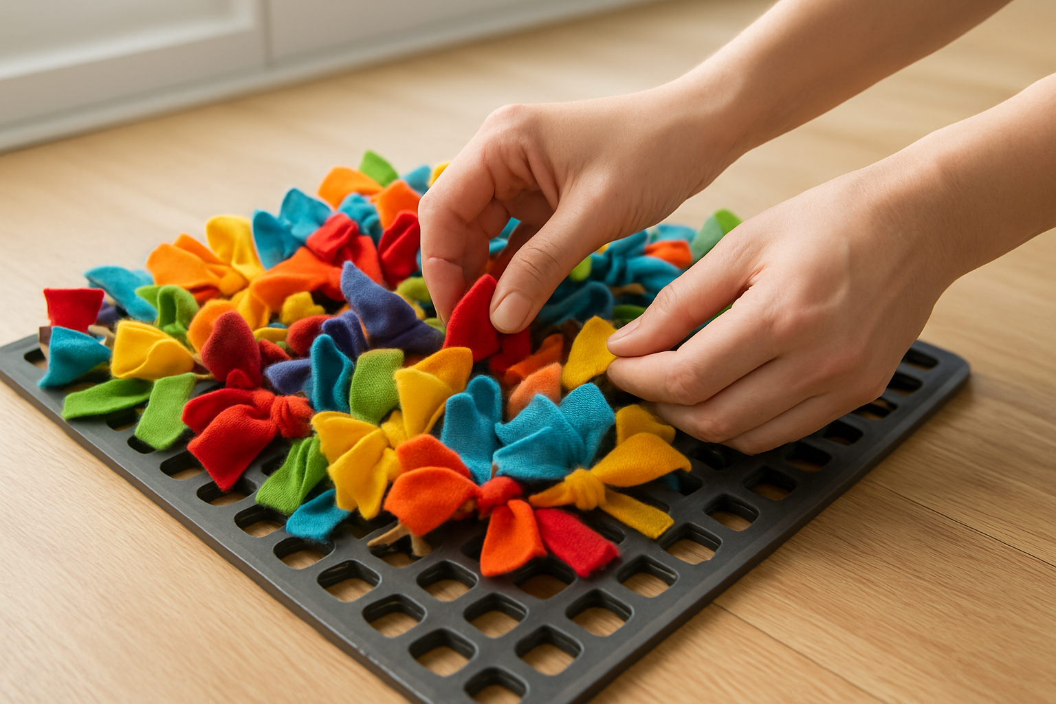 Create a realistic image of a close-up scene showing a completed DIY snuffle mat with colorful fleece strips tied through a rubber drain mat, positioned on a clean wooden floor, with a pair of adult hands (white female) carefully inspecting the knots and checking that all fleece strips are securely fastened, with good natural lighting from a window creating a bright and safe indoor environment, emphasizing the importance of quality construction and safety, absolutely NO text should be in the scene.