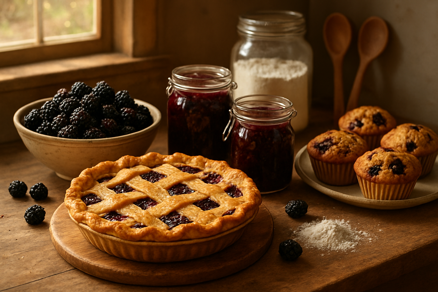 Create a realistic image of fresh marionberries being used in various culinary applications, showing a rustic kitchen counter with marionberry pie with golden crust, marionberry jam in glass jars, marionberry muffins, and a bowl of fresh dark purple marionberries, surrounded by baking ingredients like flour and wooden spoons, warm natural lighting streaming through a window, cozy homestyle cooking atmosphere, absolutely NO text should be in the scene.