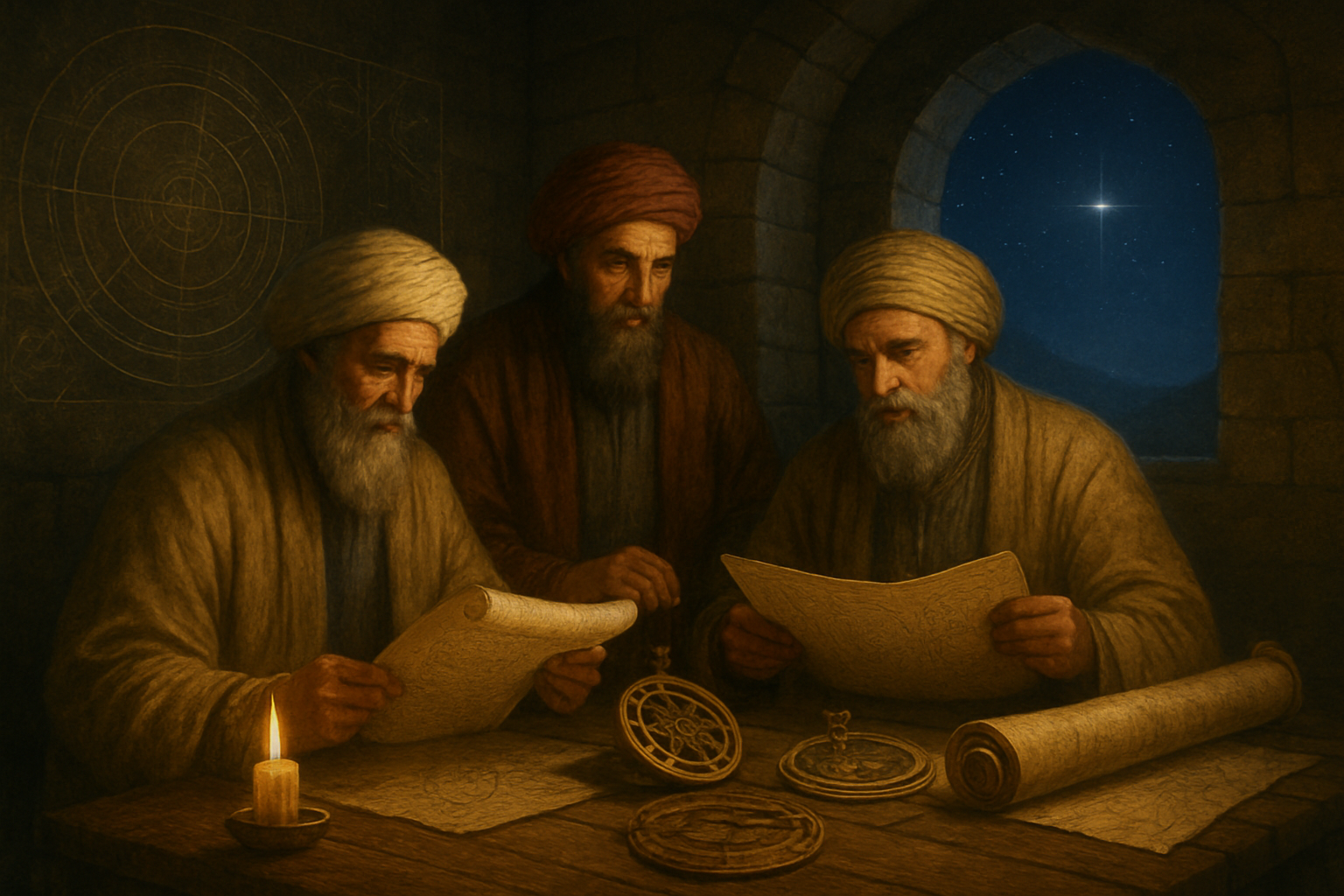 Create a realistic image of three Middle Eastern male wise men in ancient robes and turbans studying ancient scrolls and astronomical charts by candlelight in a stone chamber, with star charts on the walls, astronomical instruments like astrolabes on a wooden table, and a bright star visible through an arched window in the background, creating a scholarly nighttime atmosphere that conveys historical biblical research and ancient wisdom, absolutely NO text should be in the scene.