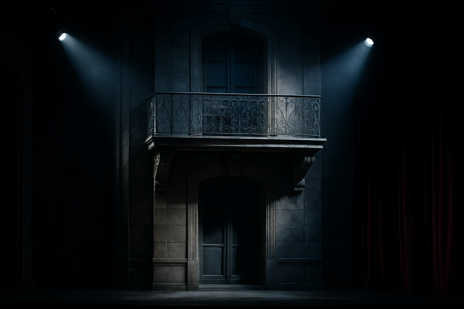 Create a realistic image of a theatrical balcony scene from a classic French play showing the symbolic staging elements, featuring an ornate stone balcony with wrought iron railings on the upper level of a 17th century building facade, dramatic stage lighting casting long shadows across the architectural elements, velvet curtains partially visible in the background, romantic moonlight filtering through the scene, emphasizing the vertical space between ground level and the elevated balcony to highlight the physical and metaphorical distance, with classical French architecture details like carved stonework and arched windows, theatrical spotlights creating contrast between light and shadow areas, absolutely NO text should be in the scene.
