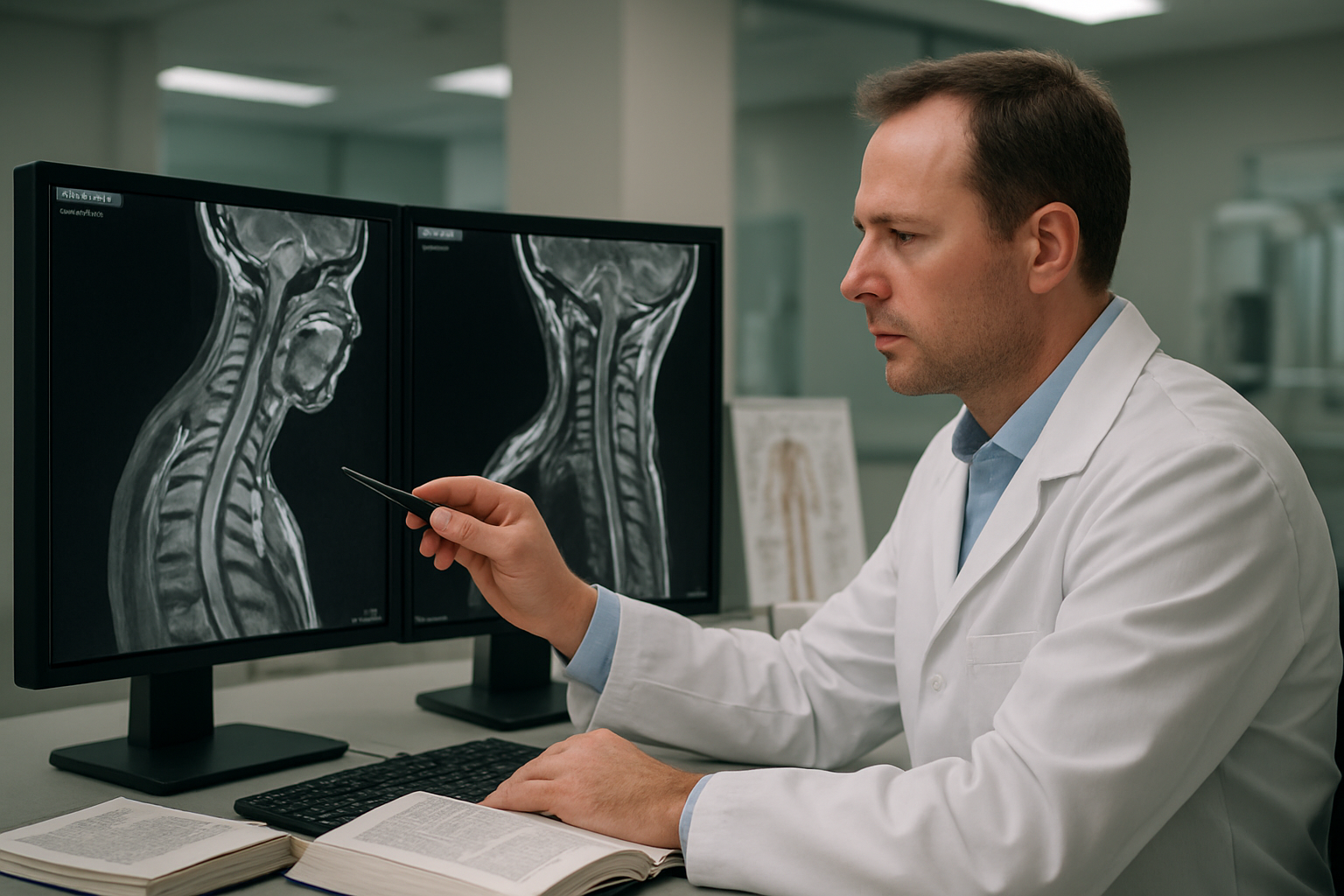 Create a realistic image of a white male radiologist in his 40s wearing a white lab coat sitting at a modern medical workstation with dual high-resolution monitors displaying detailed MRI scans of a cervical spine in flexion position, the doctor pointing at specific areas on the scan with a pen while reviewing the images, medical reference books and anatomical charts visible on the desk, clean modern radiology department background with soft fluorescent lighting, professional medical atmosphere, the MRI images showing clear vertebrae and spinal cord detail in grayscale, absolutely NO text should be in the scene.