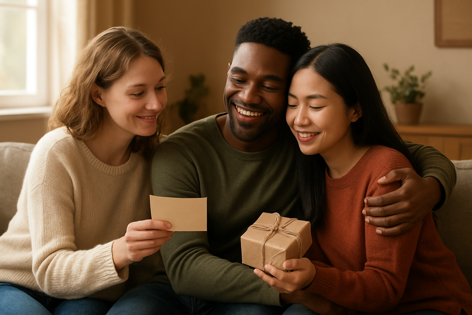 Create a realistic image of a diverse group of people including a white female, black male, and Asian female sitting together in a warm, cozy living room setting, engaged in various love language expressions: one person offering a handwritten note, another giving a gentle hug, and someone presenting a small wrapped gift, with soft natural lighting from a nearby window creating a peaceful and connected atmosphere, comfortable furniture and warm earth tones in the background, absolutely NO text should be in the scene.