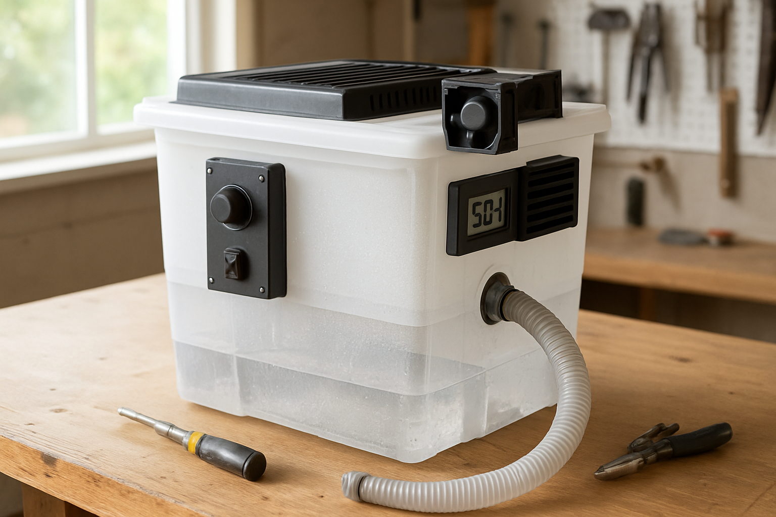 Create a realistic image of a DIY dehumidifier system with visible optimization components including adjustable drain hose positioning, digital humidity gauge, timer controls, and airflow directional vanes, set on a workbench in a well-lit garage or workshop environment with tools nearby, showing the internal mechanics partially exposed with condensation collection chamber and drainage tubing clearly visible, captured with bright natural lighting from windows creating a clean technical atmosphere, absolutely NO text should be in the scene.