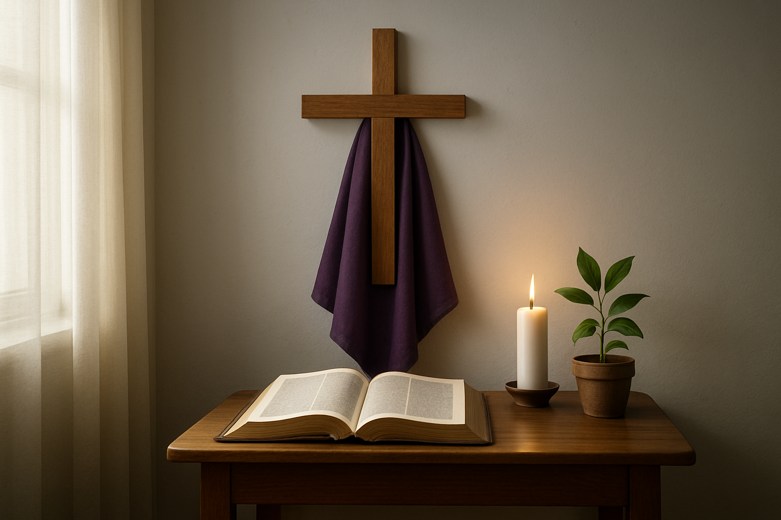Create a realistic image of a serene indoor prayer corner with a simple wooden cross mounted on a white wall, an open Bible resting on a small wooden table with soft natural light streaming through a nearby window, purple Lenten cloth draped beneath the cross, a single lit white candle casting gentle shadows, and a small potted plant symbolizing spiritual growth, all set against a peaceful neutral-toned background that conveys contemplation and spiritual reflection. Absolutely NO text should be in the scene.