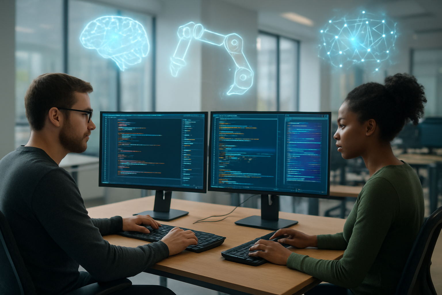 Create a realistic image of a modern software development workspace featuring a diverse group of developers including a white male and black female programmer working at sleek workstations with multiple monitors displaying colorful code interfaces, AI-powered development tools, and automated code suggestion panels, surrounded by futuristic holographic elements representing AI assistance, robotic arms symbolizing automation, and glowing neural network visualizations floating above their computers, set in a bright contemporary office environment with natural lighting from large windows, conveying innovation and technological advancement in software development, absolutely NO text should be in the scene.