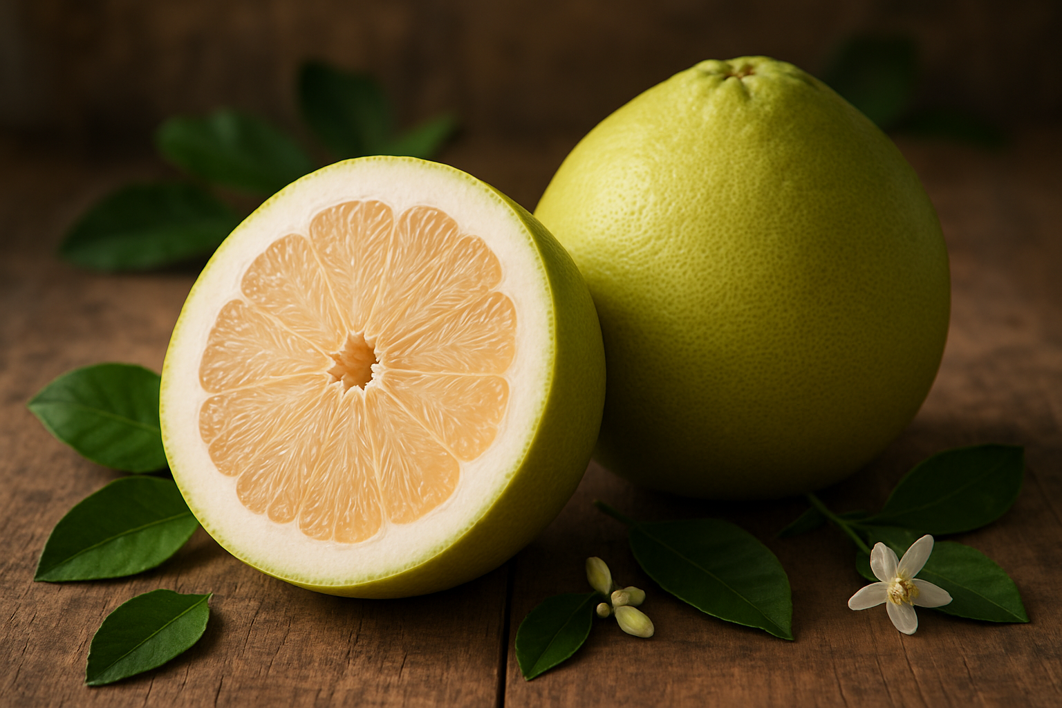 Create a realistic image of a large, fresh pomelo fruit cut in half displaying its pale yellow-pink flesh and thick white pith, positioned next to a whole uncut pomelo showing its green-yellow textured skin, placed on a rustic wooden surface with pomelo tree leaves and small white blossoms scattered around, soft natural lighting highlighting the fruit's distinctive size and citrus characteristics, warm and inviting atmosphere suggesting freshness and natural origins, absolutely NO text should be in the scene.