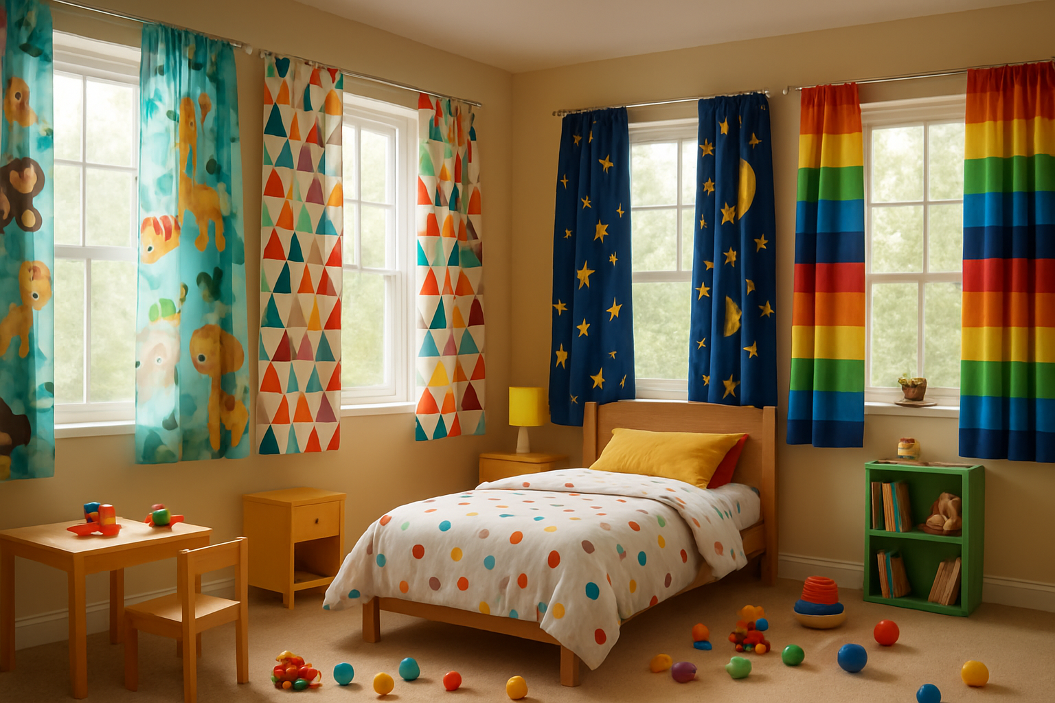 Create a realistic image of a bright children's bedroom showcasing multiple innovative curtain designs that reflect different child personalities, featuring colorful curtains with various patterns including cartoon animals, geometric shapes, stars and moons, rainbow stripes, and superhero themes, hanging on different windows around the room, with a cozy bed, colorful toys scattered on the floor, and cheerful furniture, in warm natural lighting during daytime, absolutely NO text should be in the scene.