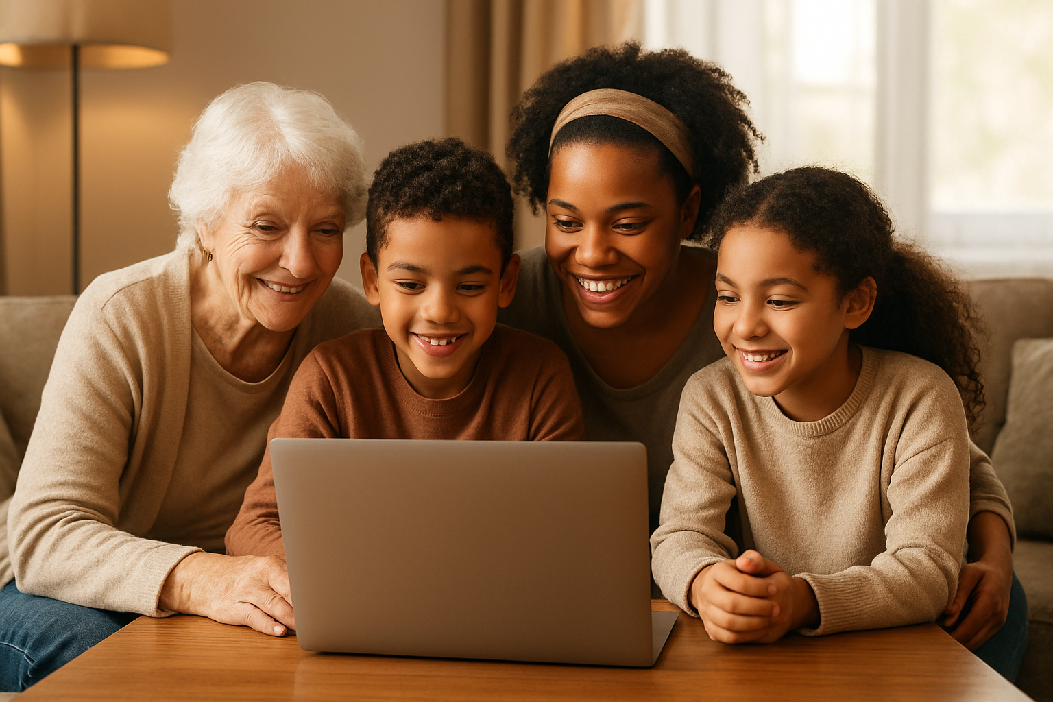 Create a realistic image of a diverse multigenerational family gathered around a laptop computer in a warm, cozy living room, with a white grandmother, black mother, and mixed-race children all leaning in together looking at the screen with smiles and engaged expressions, soft natural lighting streaming through a window, comfortable couch and coffee table visible, creating an atmosphere of connection and togetherness during an interactive video call or online activity, absolutely NO text should be in the scene.