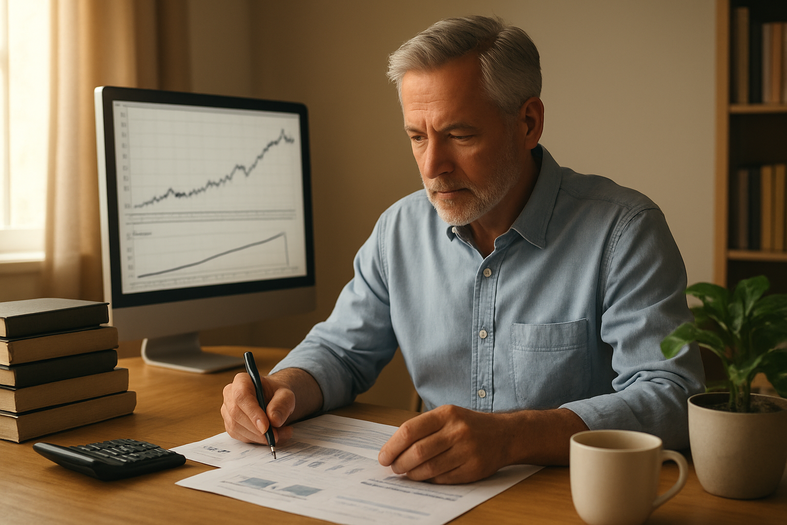 Create a realistic image of a mature white male in his 50s sitting at a modern desk reviewing investment portfolios and financial documents, with a computer screen displaying long-term stock growth charts and compound interest graphs, surrounded by books about investing and wealth building, a calculator and pen nearby, in a professional home office setting with warm natural lighting from a window, creating a calm and focused atmosphere that conveys patience and strategic financial planning, with a plant and coffee cup on the desk suggesting a comfortable long-term approach to wealth building, absolutely NO text should be in the scene.
