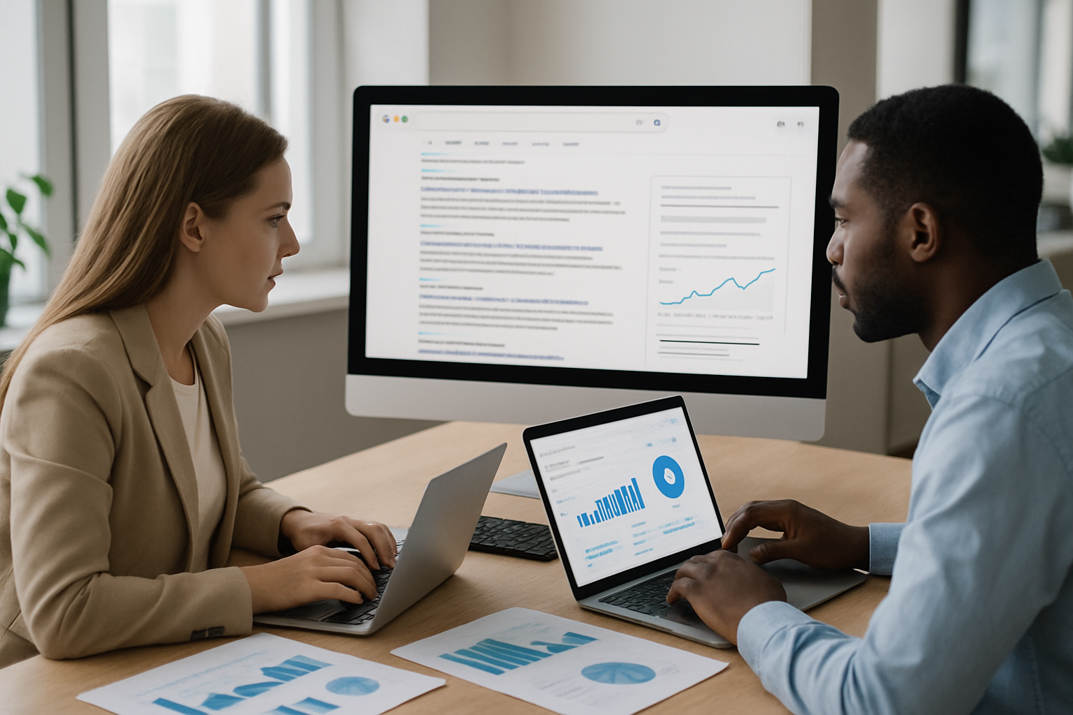 Create a realistic image of a modern digital marketing office scene showing a large computer monitor displaying search engine results with featured snippets and answer boxes prominently visible, while a diverse team of professionals including a white female and black male marketing analyst are examining SEO analytics dashboards on laptops, surrounded by charts and graphs showing search traffic data, set against a clean contemporary office background with soft natural lighting from large windows, conveying a focused analytical atmosphere. Absolutely NO text should be in the scene.