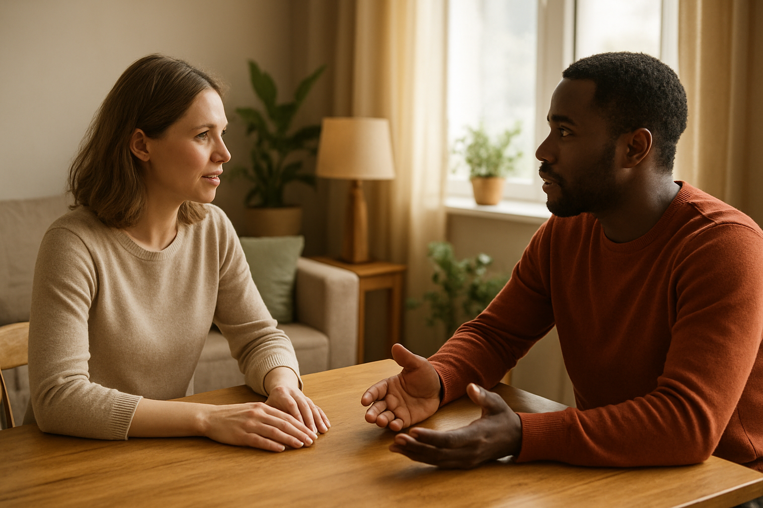 Create a realistic image of two people sitting across from each other at a wooden table in a warm, softly-lit living room, a white female and a black male engaged in calm, respectful conversation with open body language, their hands visible on the table showing relaxed gestures, surrounded by comfortable home furnishings including soft cushions and plants, with natural afternoon light streaming through a nearby window creating a peaceful atmosphere that conveys healthy communication and mutual respect, absolutely NO text should be in the scene.