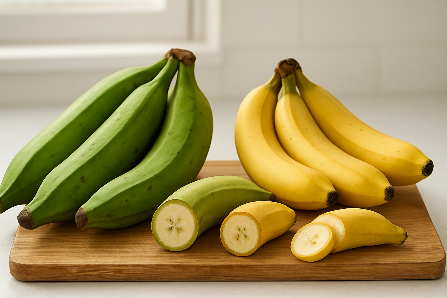 Create a realistic image of fresh plantains and bananas arranged side by side on a wooden cutting board to show their size and color differences, with several green unripe plantains, yellow ripe plantains, and regular yellow bananas displayed together, set against a clean white kitchen counter background with soft natural lighting from a window, showing the distinct characteristics of each fruit including the plantains' larger size and thicker skin compared to the smaller regular bananas, with some cross-sectional cuts revealing the interior flesh differences, absolutely NO text should be in the scene.