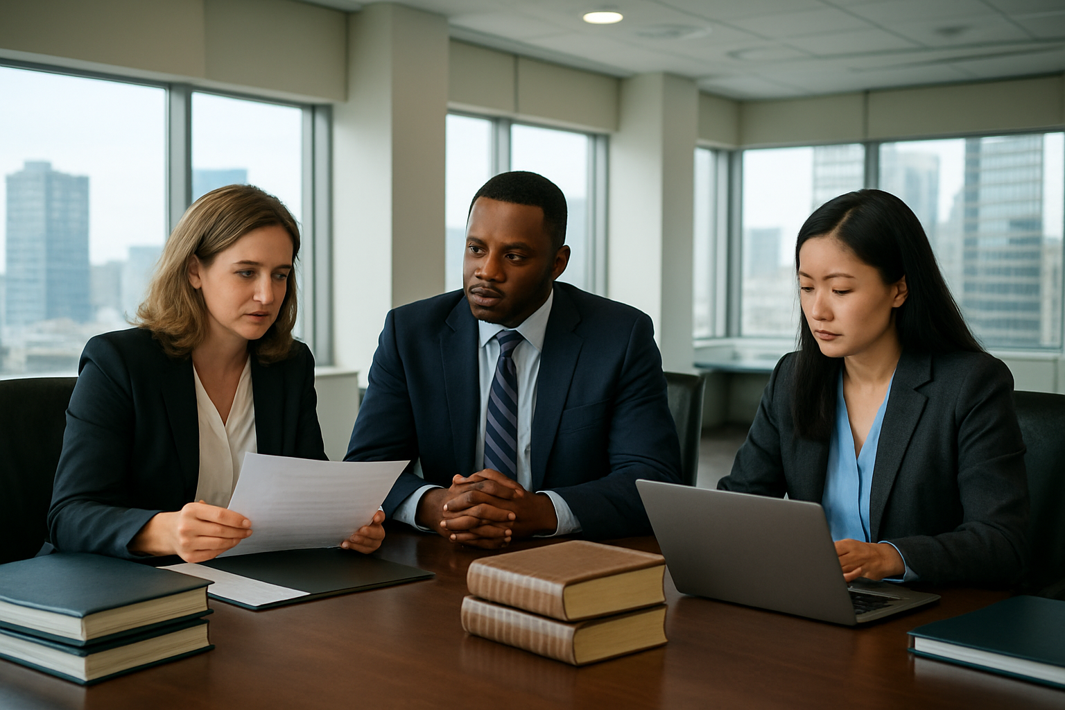 Create a realistic image of a diverse group of government officials including a white female policy advisor, a black male administrator, and an Asian female legal counsel sitting around a modern conference table in a bright government office building, reviewing policy documents and frameworks with laptops open, legal books and policy binders stacked on the table, large windows showing a cityscape in the background, professional lighting with a collaborative and focused atmosphere, absolutely NO text should be in the scene.