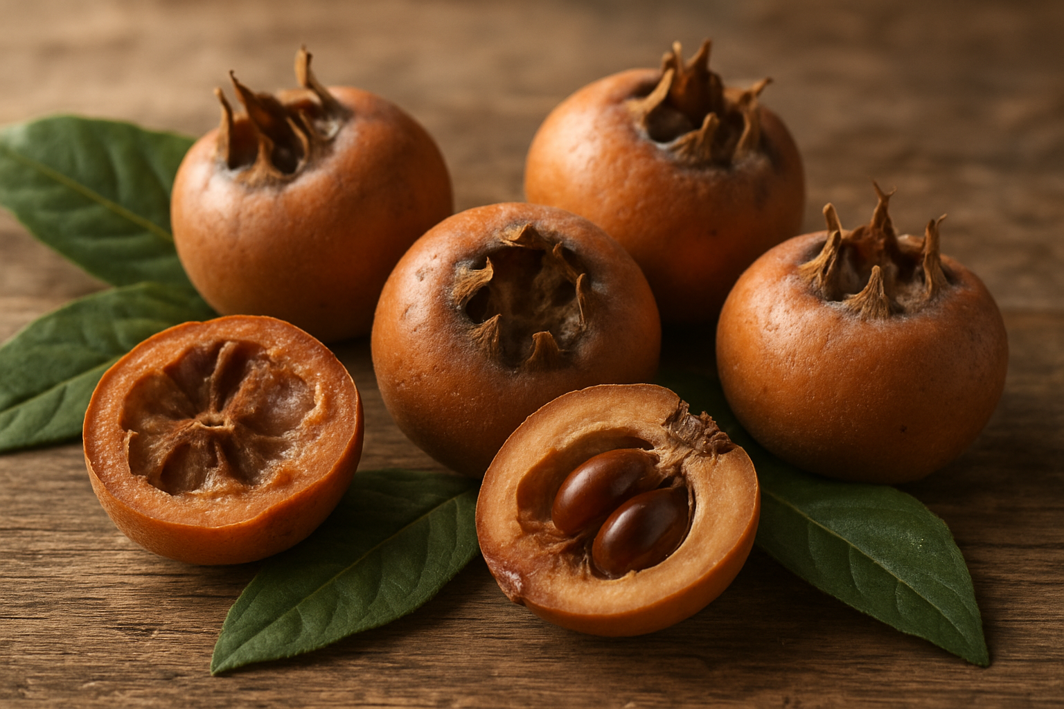 Create a realistic image of several ripe medlar fruits displayed on a rustic wooden surface, showcasing their unique brown, weathered appearance and distinctive crown-shaped calyx end, with some fruits cut open to reveal the soft, brownish flesh and dark seeds inside, surrounded by a few medlar leaves and set against a soft, warm natural lighting that emphasizes the ancient, traditional qualities of this historic fruit, absolutely NO text should be in the scene.