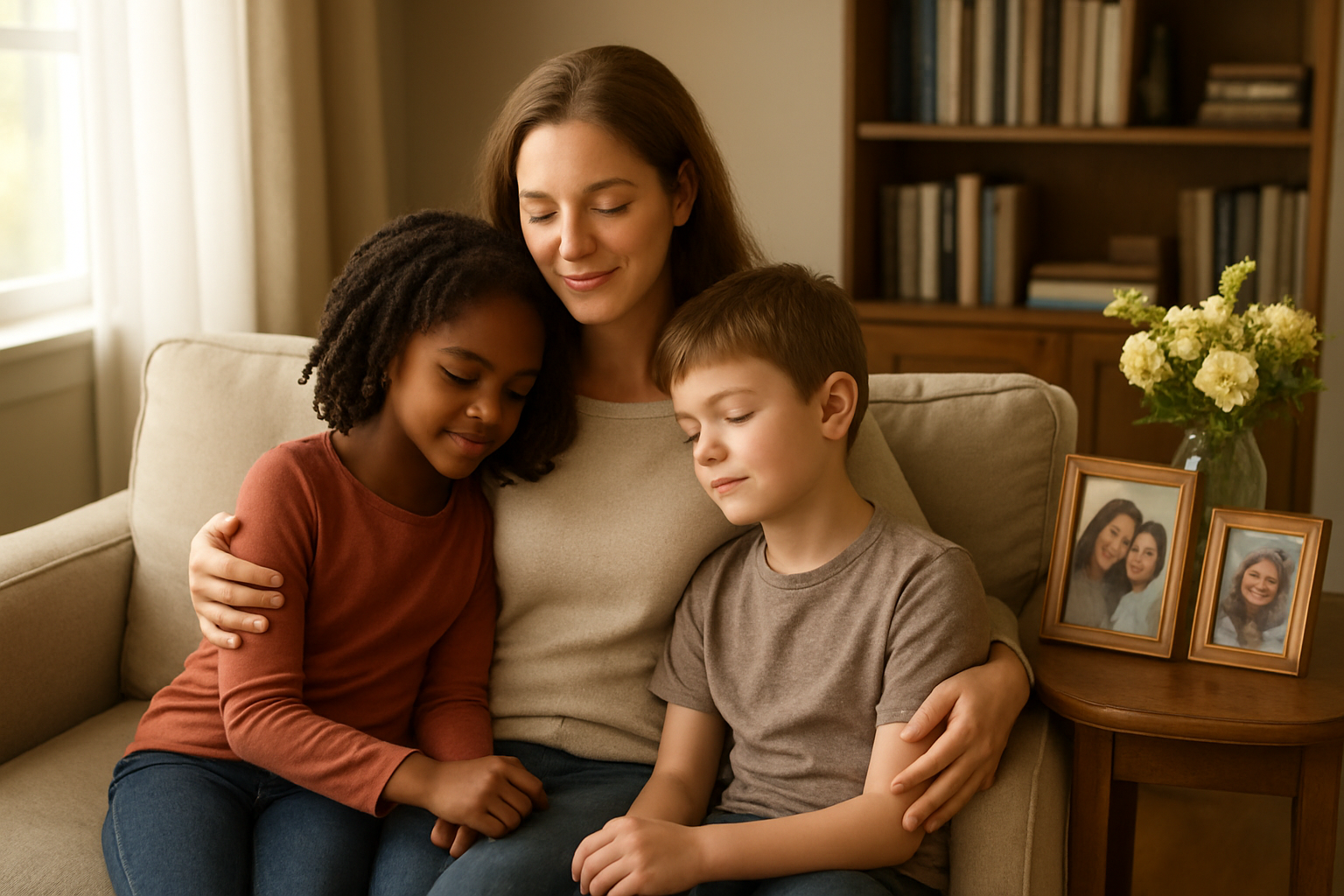 Create a realistic image of a warm, inviting living room scene with a white mother sitting on a comfortable sofa with her two children (one black girl and one white boy) aged 8-10 years old, all looking content and peaceful together, with soft natural lighting streaming through a nearby window, family photos on a side table, a bookshelf with books in the background, fresh flowers in a vase, and a cozy atmosphere that conveys love, guidance, and spiritual nurturing, shot from a slightly elevated angle to capture the intimate family moment, absolutely NO text should be in the scene.