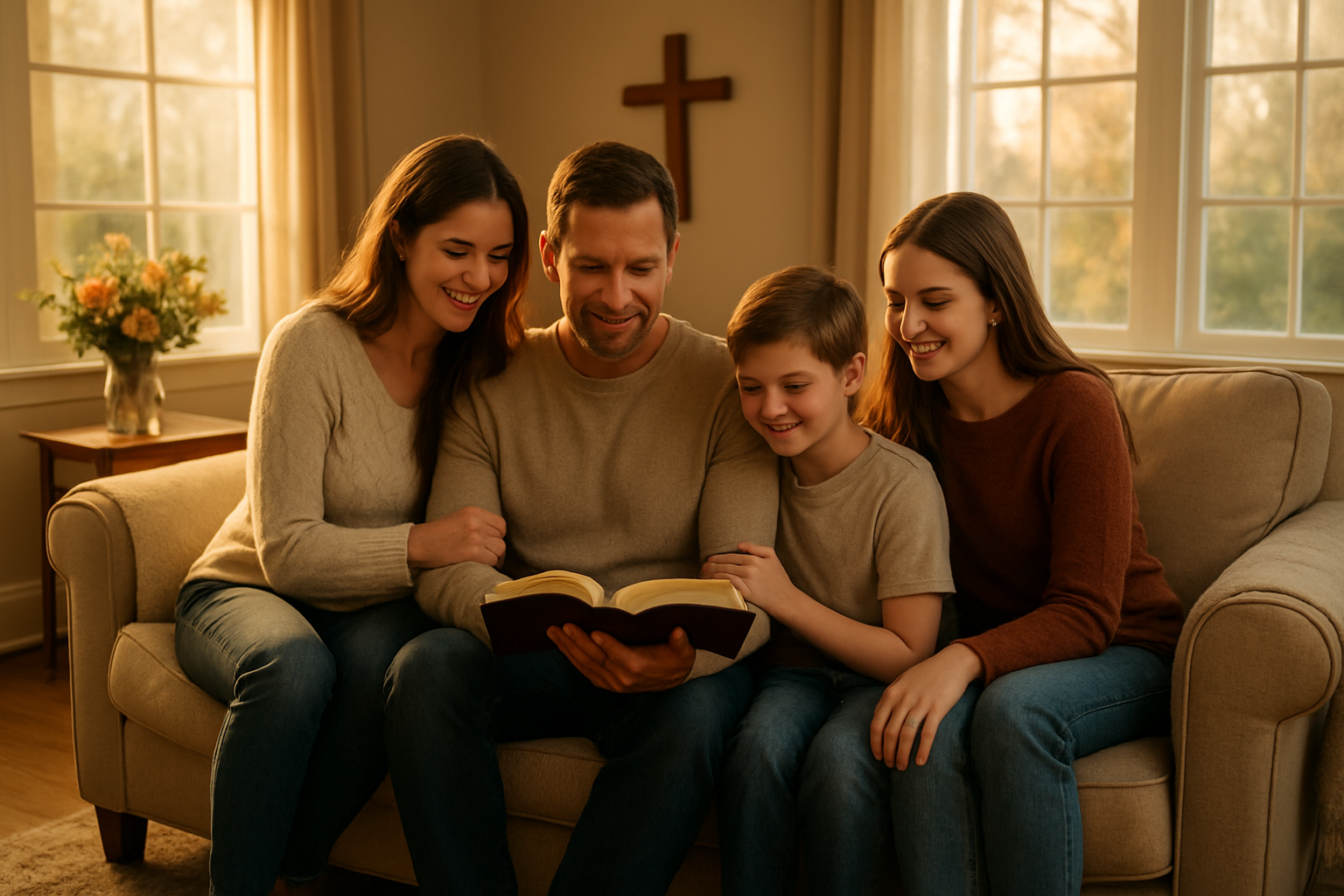 Create a realistic image of a warm, inviting living room with a white family of four (mother, father, teenage daughter, and young son) gathered together on a comfortable sofa, with the father holding an open Bible, soft golden evening light streaming through large windows, a wooden cross hanging on the wall in the background, fresh flowers on a side table, cozy throw blankets draped over chairs, warm wood flooring, and a peaceful, serene atmosphere that conveys love, faith, and togetherness, with absolutely NO text in the scene.