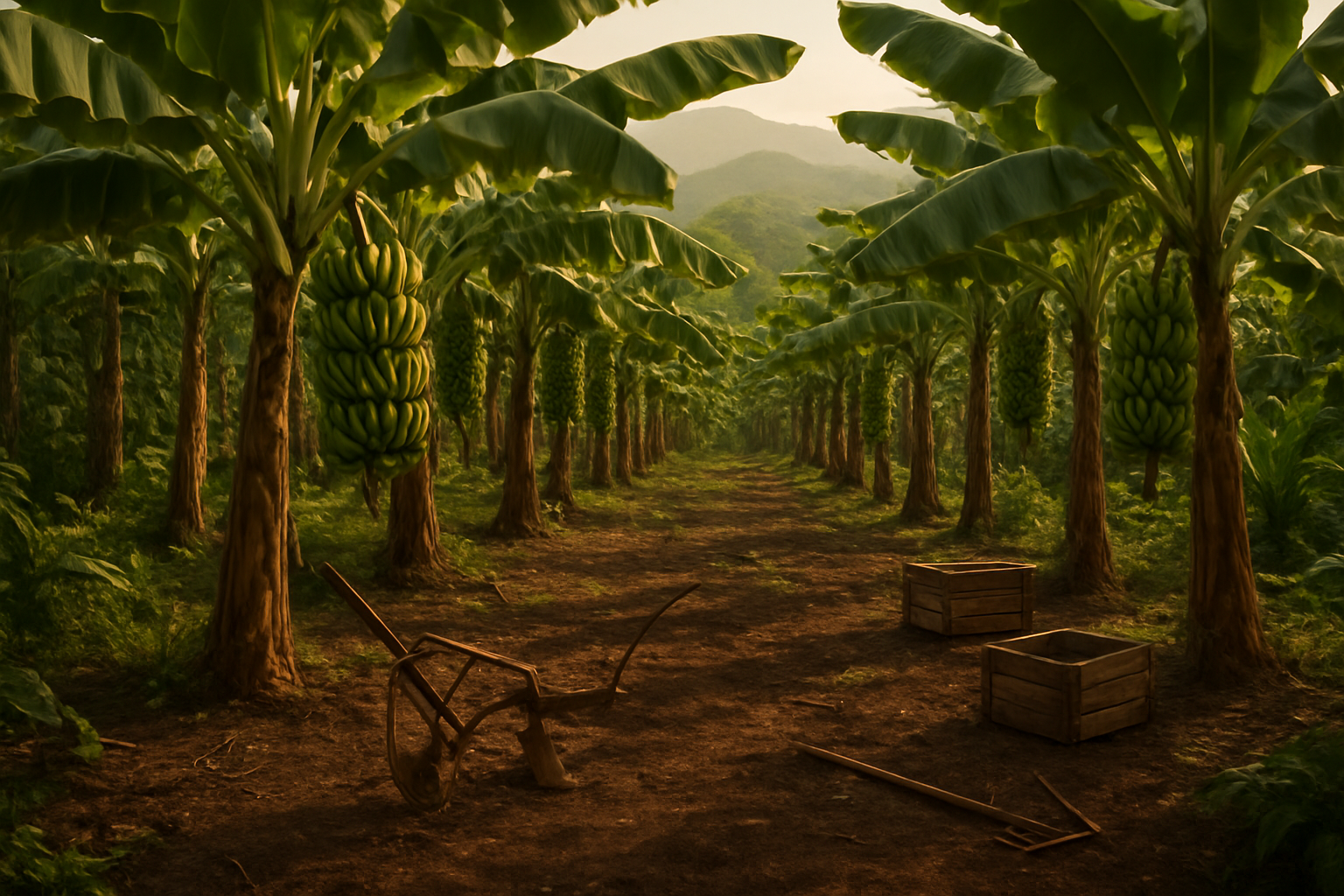 Create a realistic image of a historical banana plantation scene showing rows of Cavendish banana trees with their characteristic large green leaves and hanging banana bunches, set in a tropical landscape with rolling hills in the background, featuring a colonial-era plantation setting with vintage agricultural tools scattered around, warm golden sunlight filtering through the canopy creating dappled shadows on rich dark soil, lush tropical vegetation surrounding the plantation, and a few traditional wooden crates used for banana harvesting placed near the trees, conveying a sense of agricultural heritage and tropical cultivation history, absolutely NO text should be in the scene.