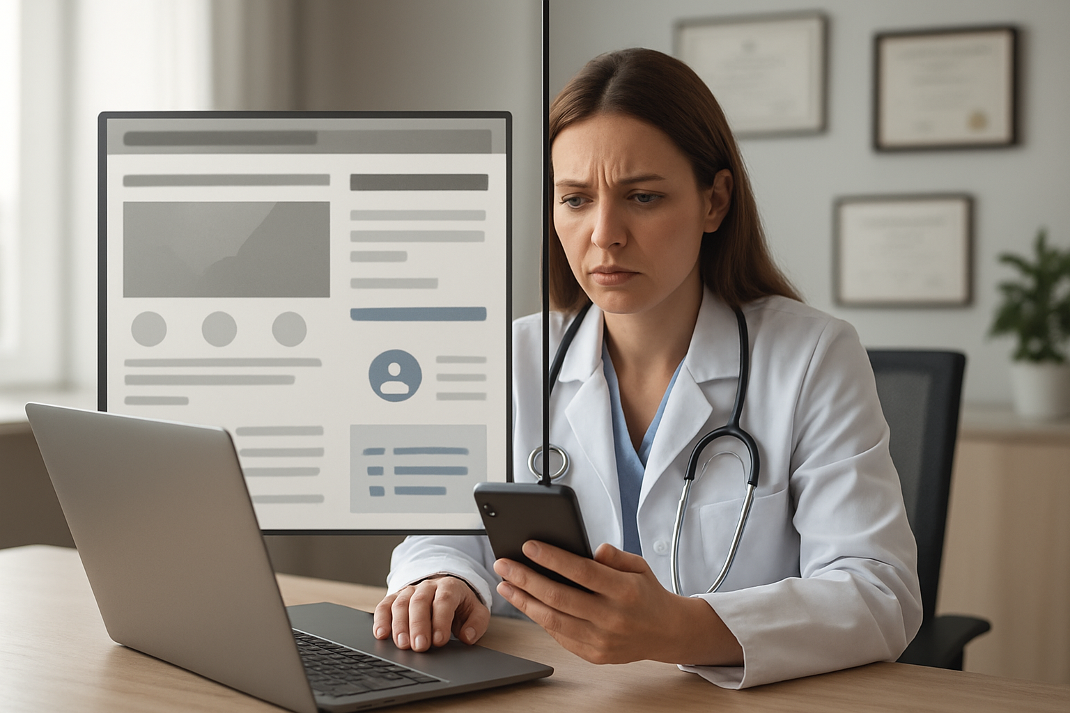 Create a realistic image of a white female healthcare professional in a white coat sitting at a modern desk with a laptop computer, looking concerned while viewing a smartphone displaying review notifications, with a split-screen composition showing on one side a messy, outdated website with inconsistent information and on the other side a clean, professional medical website with security badges and clear contact information, soft natural lighting from a window, professional medical office background with certificates on the wall, conveying a mood of transformation from distrust to rebuilding credibility, absolutely NO text should be in the scene.