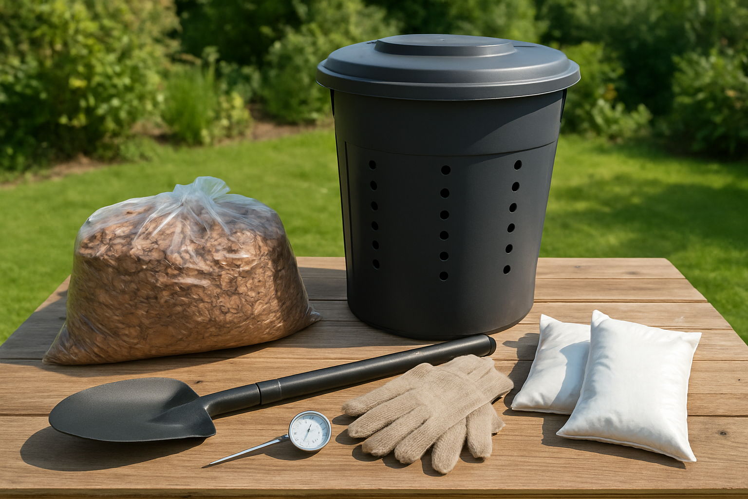 Create a realistic image of essential components for a dog waste composting system laid out in an organized display including a large plastic compost bin with ventilation holes, a bag of carbon-rich brown materials like dried leaves or sawdust, a long-handled shovel or scoop, work gloves, a thermometer for monitoring temperature, and bags of lime or enzyme activator, all arranged on a wooden table in a bright outdoor garden setting with green grass and plants in the background, natural daylight lighting, clean and educational presentation style, absolutely NO text should be in the scene.