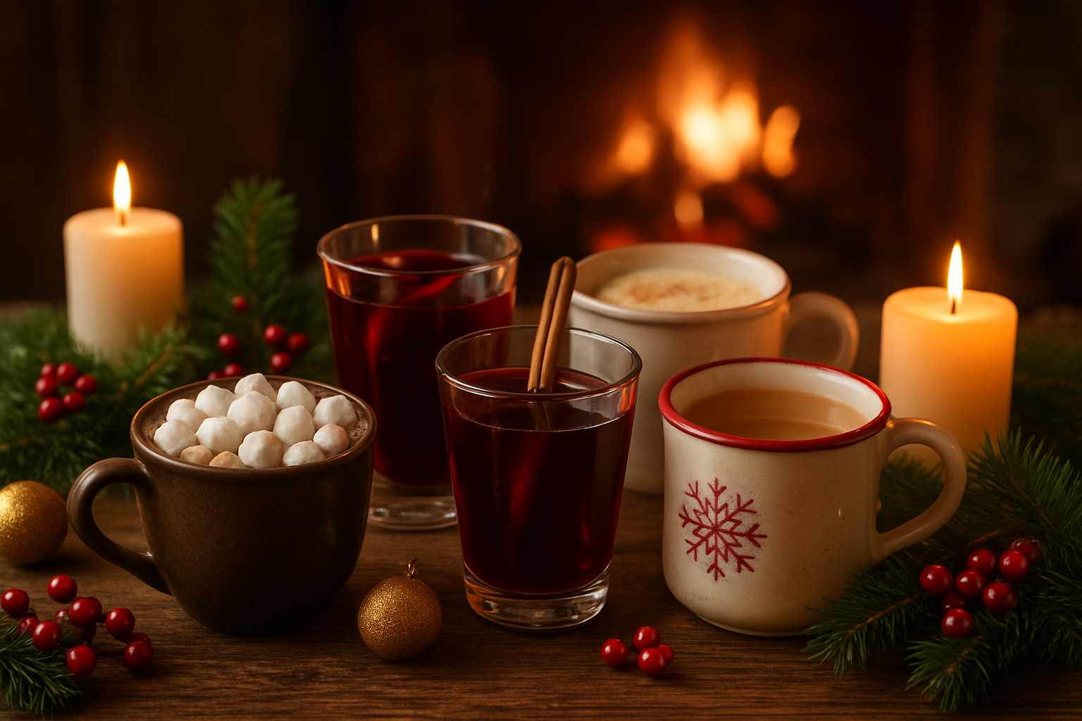 Create a realistic image of traditional holiday beverages arranged on a rustic wooden table, featuring steaming mugs of hot chocolate topped with marshmallows, glasses of mulled wine with cinnamon sticks, cups of eggnog with nutmeg sprinkles, and warm apple cider in festive mugs, surrounded by Christmas decorations including pine branches, red berries, golden ornaments, and flickering candles, with a cozy fireplace glowing softly in the background creating warm ambient lighting that casts a golden glow over the scene, evoking a festive and inviting holiday atmosphere, absolutely NO text should be in the scene.