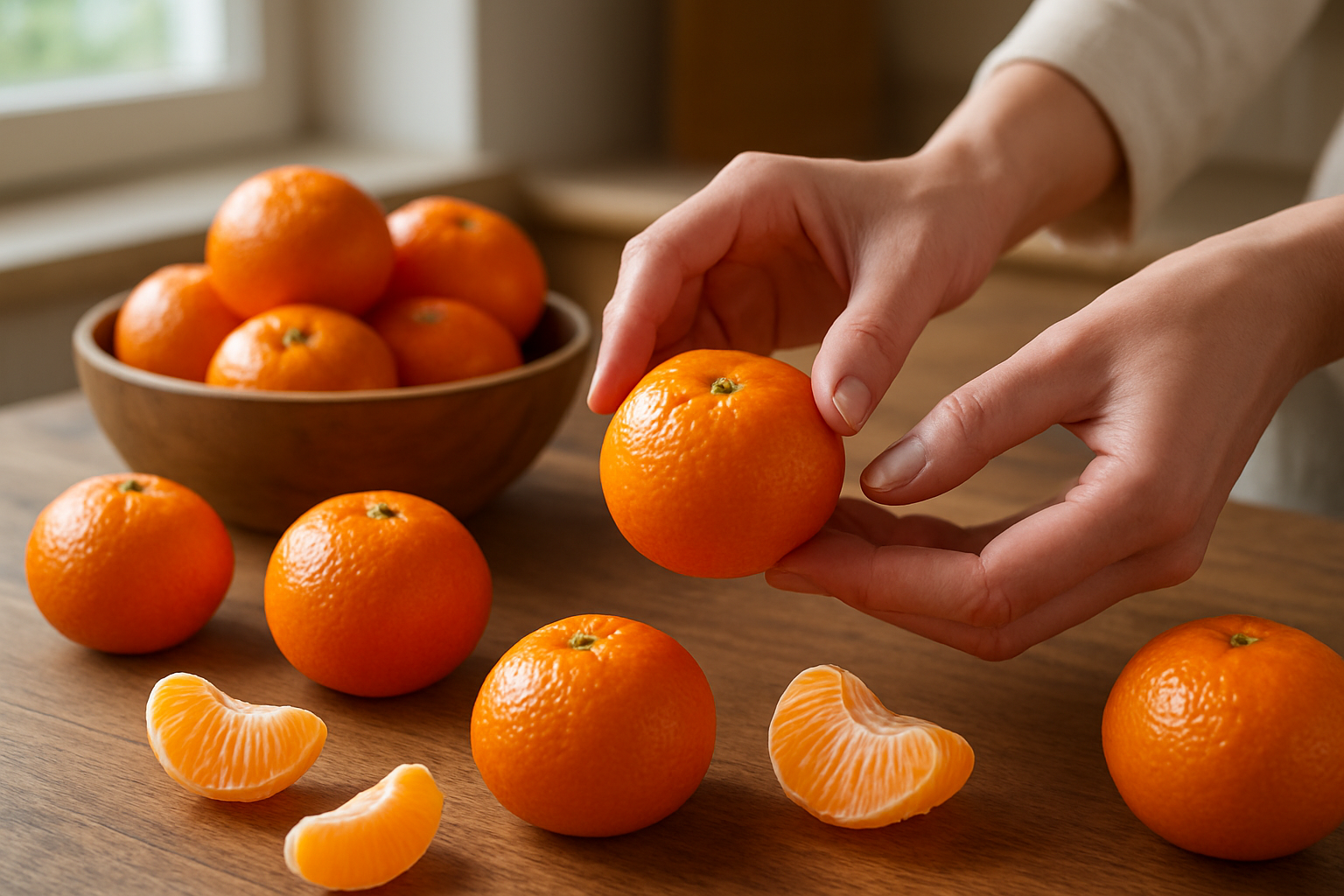 Create a realistic image of fresh mandarin oranges displayed on a wooden kitchen counter, showing both whole mandarins with vibrant orange peels and some peeled segments, alongside a wooden bowl filled with perfectly ripe mandarins, a small wicker basket, and hands of a white female gently selecting a mandarin by examining its firmness and color, with soft natural lighting from a nearby window illuminating the scene, creating a warm and inviting kitchen atmosphere that emphasizes freshness and quality selection, absolutely NO text should be in the scene.