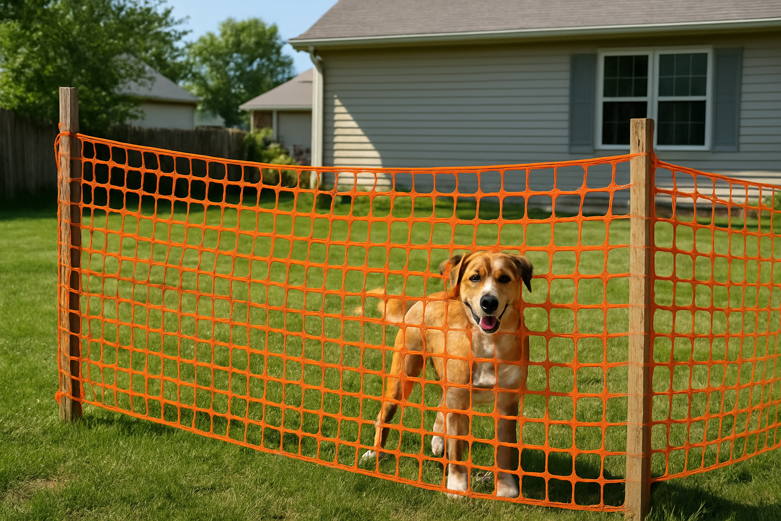 Create a realistic image of orange plastic snow fencing installed as a temporary dog barrier in a residential backyard, showing the lightweight mesh material stretched between wooden or metal posts, with a medium-sized dog visible on one side of the fence, green grass and a typical suburban home in the background, bright daylight with clear visibility of the fence's mesh pattern and affordable construction, absolutely NO text should be in the scene.