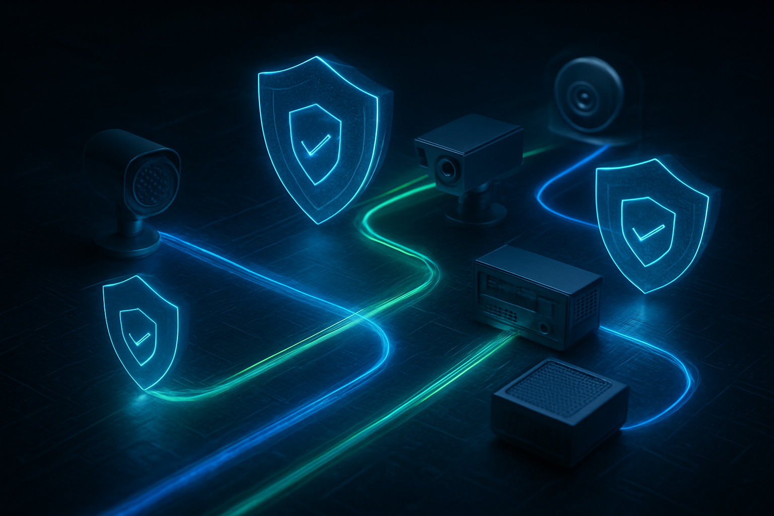 Create a realistic image of a sophisticated network security visualization showing multiple interconnected IoT devices like sensors, smart cameras, and industrial controllers surrounded by glowing digital security shields and verification checkpoints, with data streams flowing through encrypted tunnels represented by blue and green light trails, set against a dark high-tech background with subtle circuit board patterns, featuring a modern cybersecurity operations center atmosphere with soft ambient lighting highlighting the protective barriers around each device connection point, absolutely NO text should be in the scene.