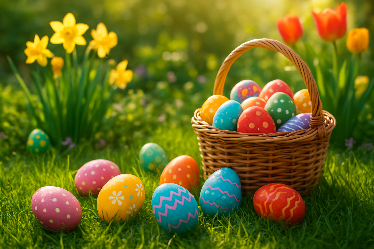 Create a realistic image of beautifully decorated Easter eggs with unique patterns and colors scattered on green grass, alongside a wicker basket filled with colorful eggs, small hidden eggs partially visible behind garden plants and flowers, bright spring sunlight creating soft shadows, cheerful and festive Easter atmosphere with blooming daffodils and tulips in the background, absolutely NO text should be in the scene.