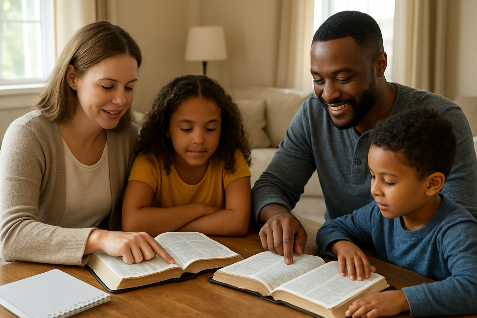 Create a realistic image of a diverse family gathered around a wooden dining table with open Bibles and study materials, featuring a white mother, black father, and children of mixed race sitting together in a warm, well-lit living room with soft natural lighting from a nearby window, comfortable furniture in the background, highlighting the peaceful atmosphere of family Bible study time, with hands pointing to scripture passages and notebooks visible on the table, conveying a sense of togetherness and spiritual learning, absolutely NO text should be in the scene.