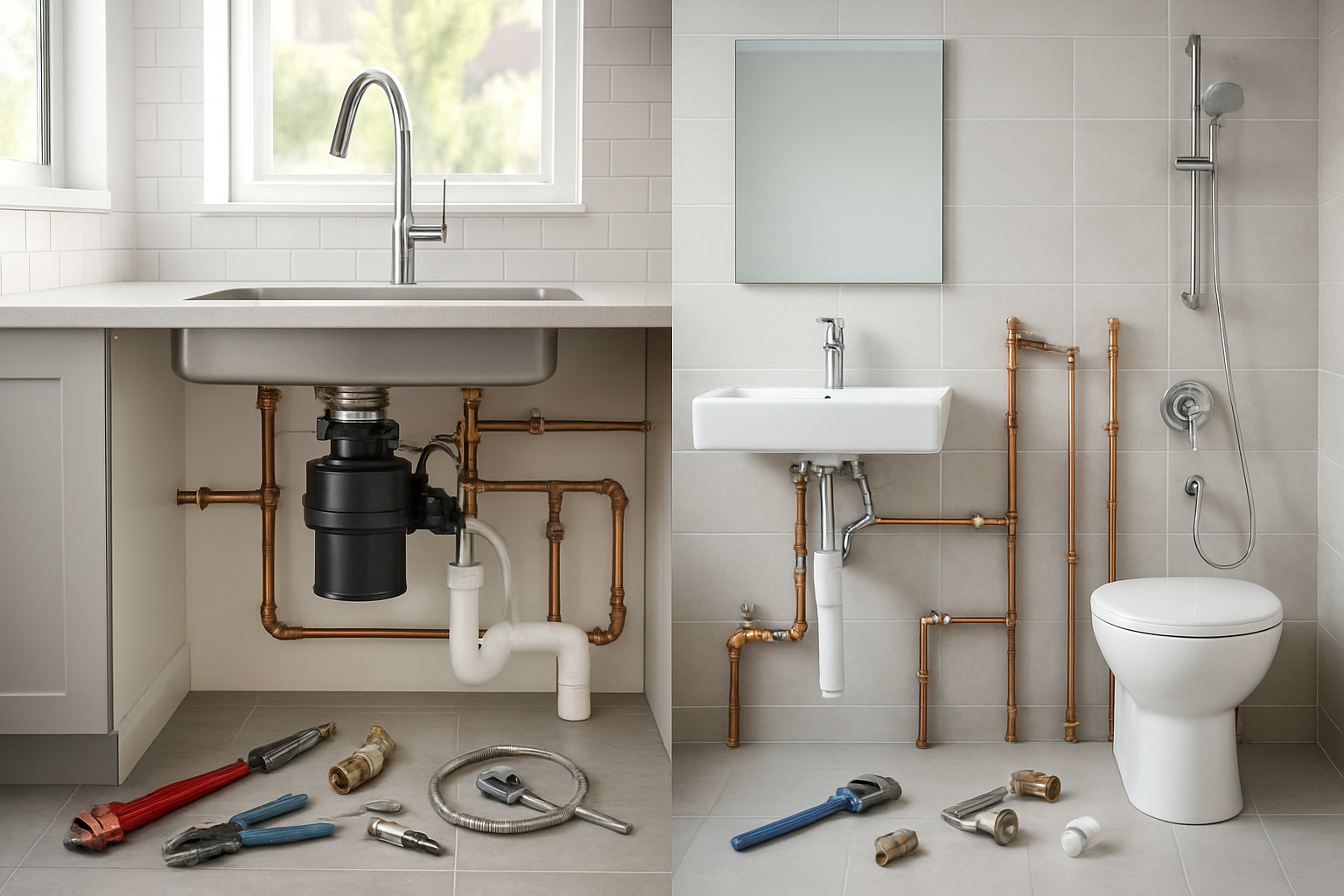 Create a realistic image of a modern kitchen and bathroom split scene showing professional plumbing fixtures and installations, featuring a sleek kitchen with visible under-sink plumbing, garbage disposal, and faucet connections on the left side, and a contemporary bathroom with exposed plumbing for sink, toilet, and shower fixtures on the right side, with copper and PVC pipes, shut-off valves, and professional-grade plumbing tools scattered nearby, bright natural lighting illuminating both spaces, clean and organized environment showcasing quality plumbing workmanship, absolutely NO text should be in the scene.