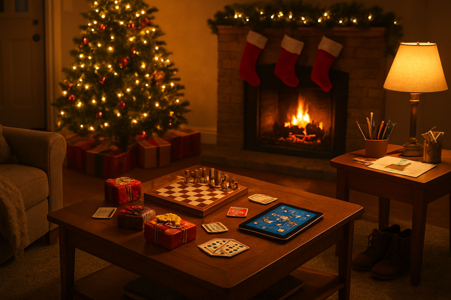 Create a realistic image of a warm, inviting living room scene during Christmas with a decorated Christmas tree with twinkling lights in the background, a cozy fireplace with stockings hanging, a coffee table displaying various board games like chess and card games alongside wrapped presents, a tablet showing a digital game interface, winter coats and boots by the door suggesting outdoor activities, craft supplies and art materials scattered on a side table, all bathed in soft golden lighting from the fireplace and warm lamp light creating a festive, welcoming atmosphere that celebrates the joy of Christmas gaming and family togetherness, absolutely NO text should be in the scene.