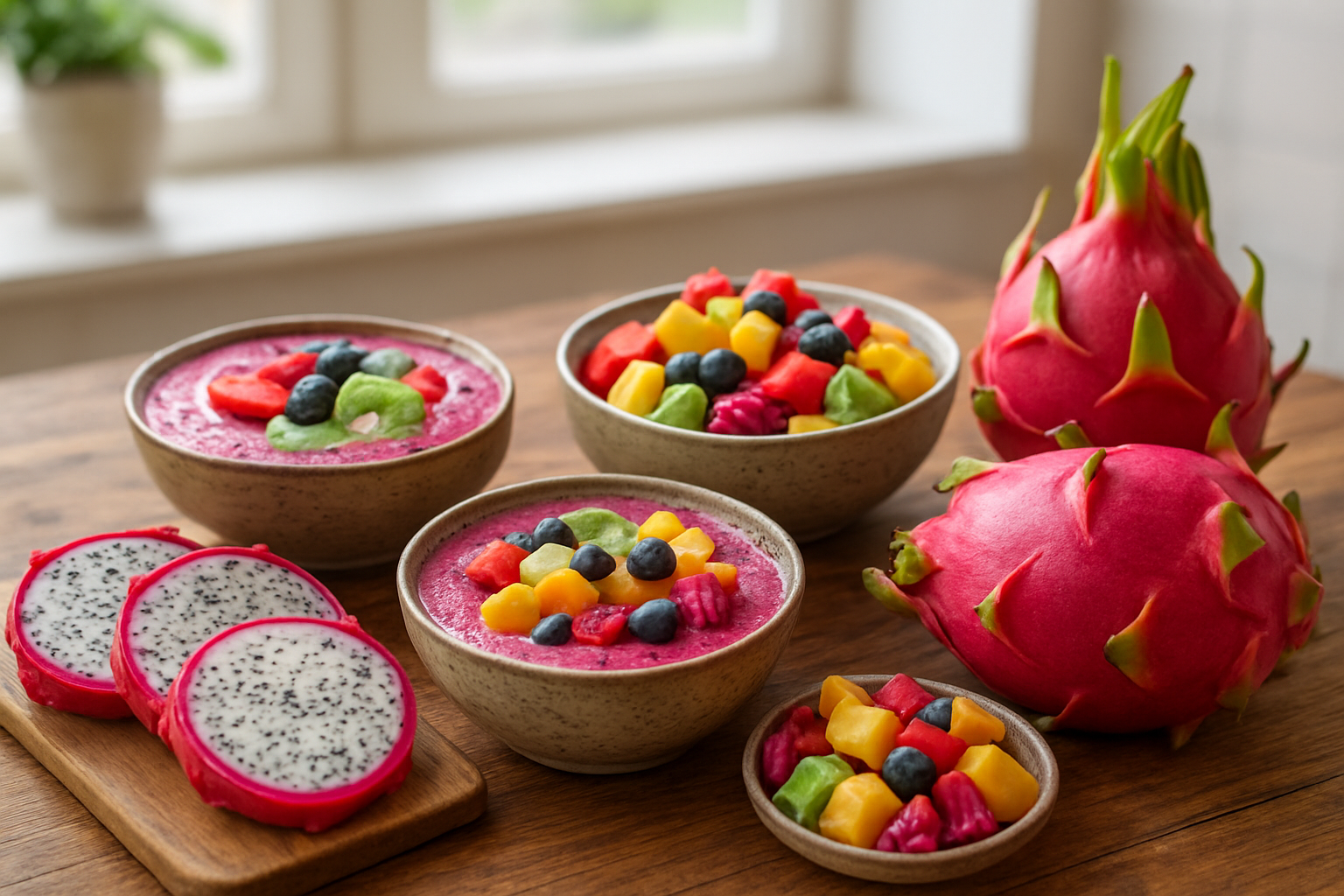 Create a realistic image of various delicious dragon fruit preparations beautifully arranged on a rustic wooden table, including sliced dragon fruit revealing white flesh with black seeds, dragon fruit smoothie bowls topped with colorful fruits, dragon fruit salad mixed with tropical fruits, and whole dragon fruits with their distinctive pink scaly exterior, set against a bright kitchen background with natural daylight streaming through a window, creating an inviting and appetizing scene that showcases multiple ways to enjoy this exotic fruit, absolutely NO text should be in the scene.