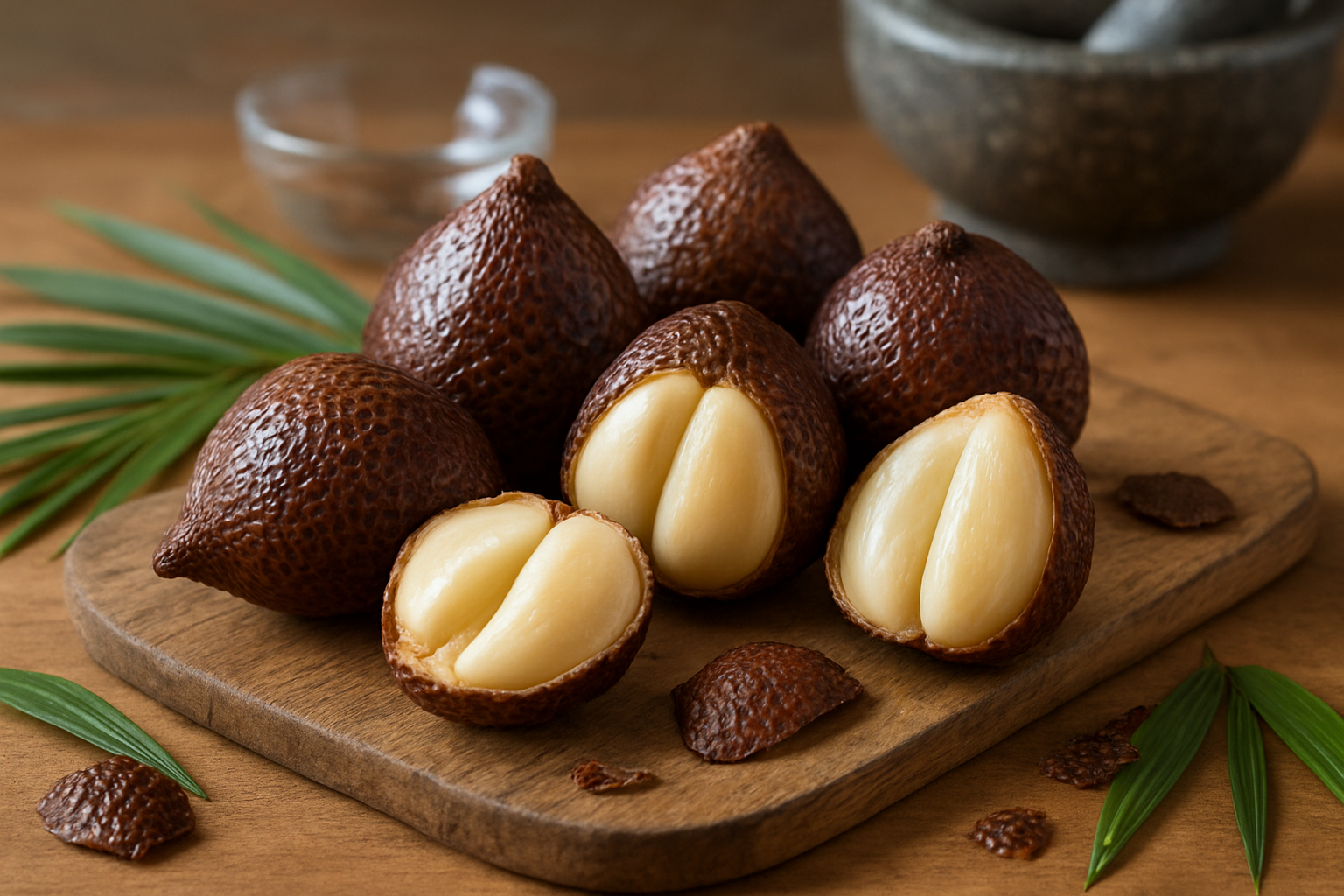 Create a realistic image of fresh salak fruits displayed on a rustic wooden cutting board, with some fruits whole showing their distinctive brown scaly snake-like skin texture, and others cut in half revealing the creamy white segmented flesh inside, surrounded by scattered palm leaves and a few loose scales, set against a warm kitchen countertop background with soft natural lighting streaming from the side, creating gentle shadows that emphasize the unique texture and appearance of this exotic tropical fruit, with a mortar and pestle and small glass bowl visible in the blurred background suggesting culinary preparation, absolutely NO text should be in the scene.